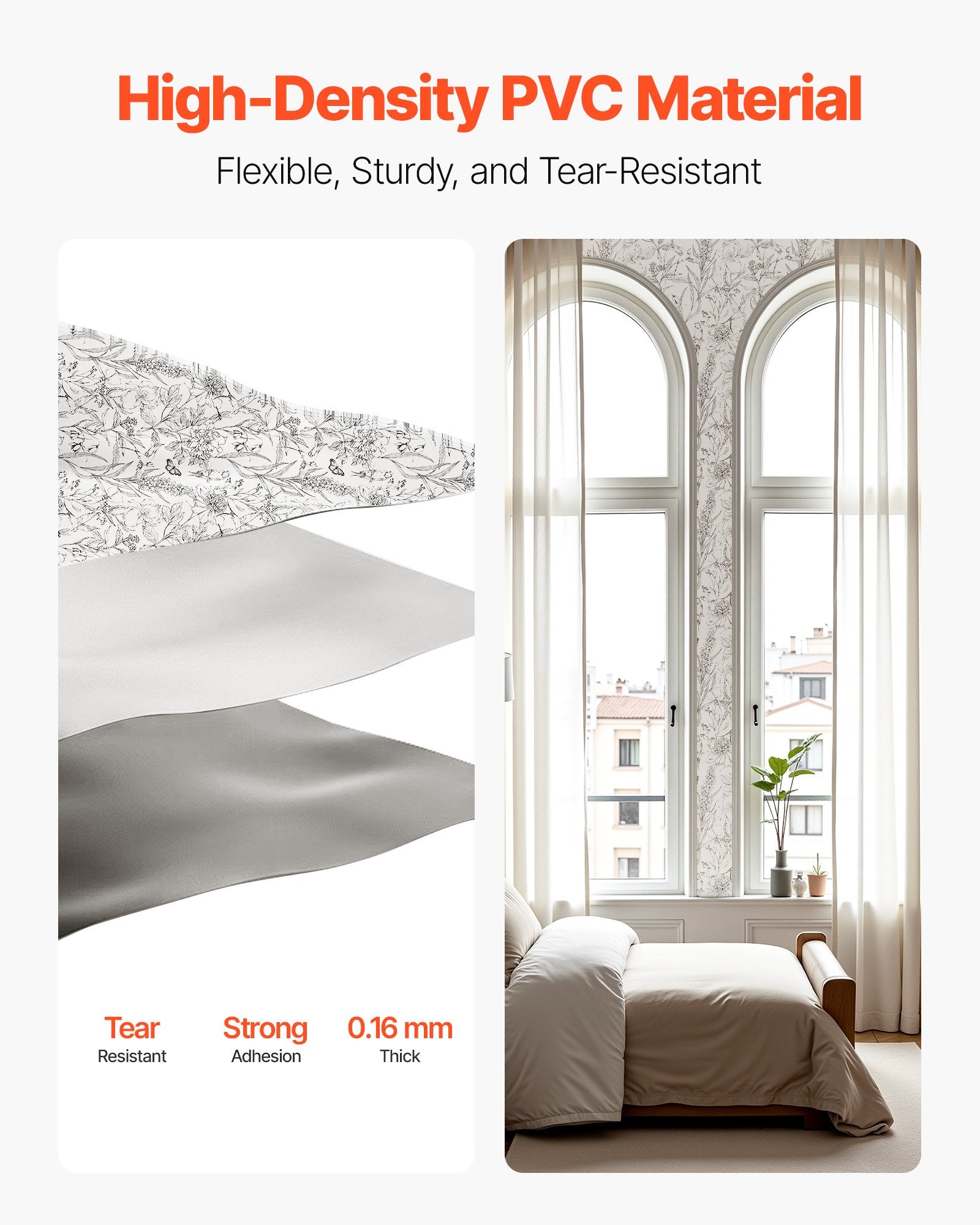 VEVOR Peel and Stick Wallpaper, 45cm x 10m Contact Paper White Line Art Botanical Floral Waterpoof Self Adhesive, Easy to Clean Wall Decorative Vinyl Roll for Bedroom Kitchen Office Bathroom