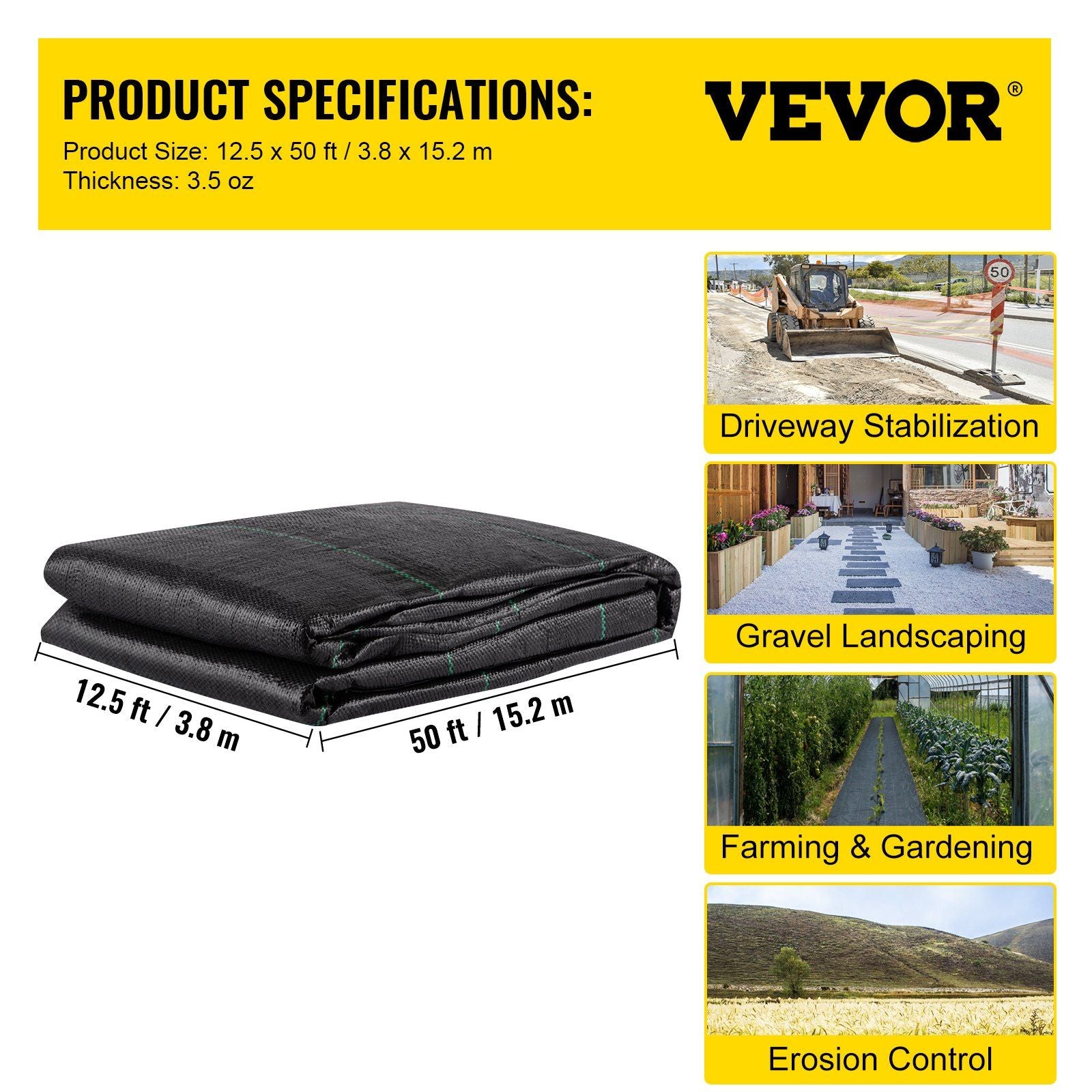 Geotextile Fabric, 3.8 x 15.2 m 3.5oz Woven PP Driveway Drain Cloth with 600lbs Tensile Strength, Heavy Duty Underlayment for Soil Stabilization, Landscaping, Weed Barrier,