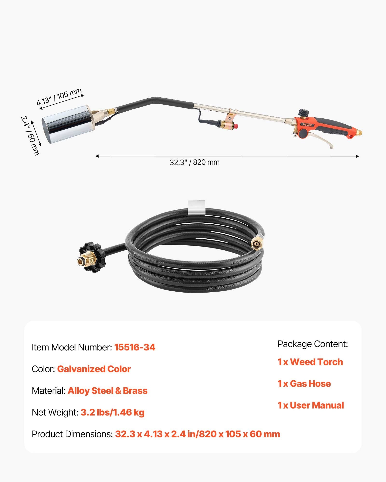 VEVOR Propane Weed Torch Burner Ice Snow Melter 2400000 BTU 3 m Hose Portable