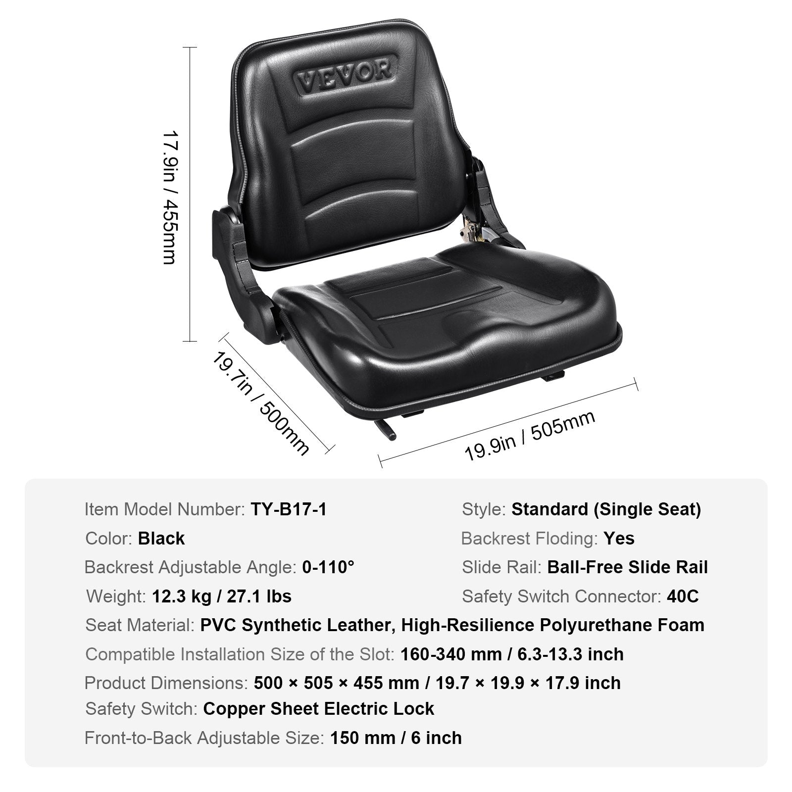 VEVOR Universal Forklift Seat, Fold Down Tractor Seat with Adjustable Angle Back and Micro Switch, 16-34 cm Extended Slot Comfortable Forklift Seat for Tractor Loader Excavator