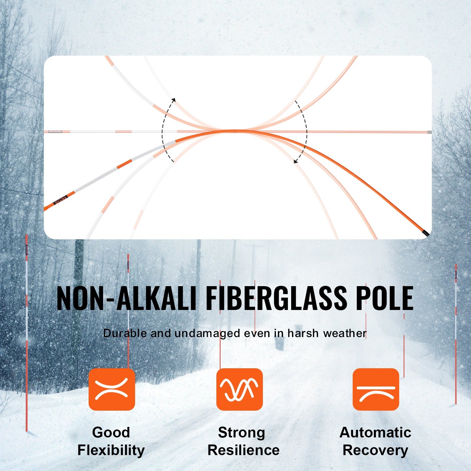 VEVOR Driveway Markers, 30 PCS 121.5cm, 0.78cm Diameter, Orange Fiberglass Poles Snow Stakes with Reflective Tape, 30cm Steel Drill Bit & Protection Gloves for Parking Lots, Walkways Easy Visibility