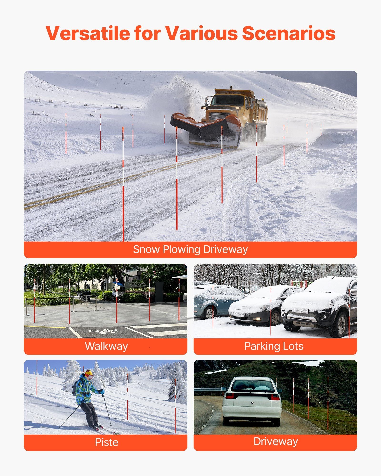 Driveway Markers, 50Pcs 152cm Long 7.87mm Dia, Hi-Visibility Driveway Reflectors with 12 in Steel Drill Bits, Reflective Snow Sticks Fiberglass Pole for Parking Lots, Walkways, Snow Plowing