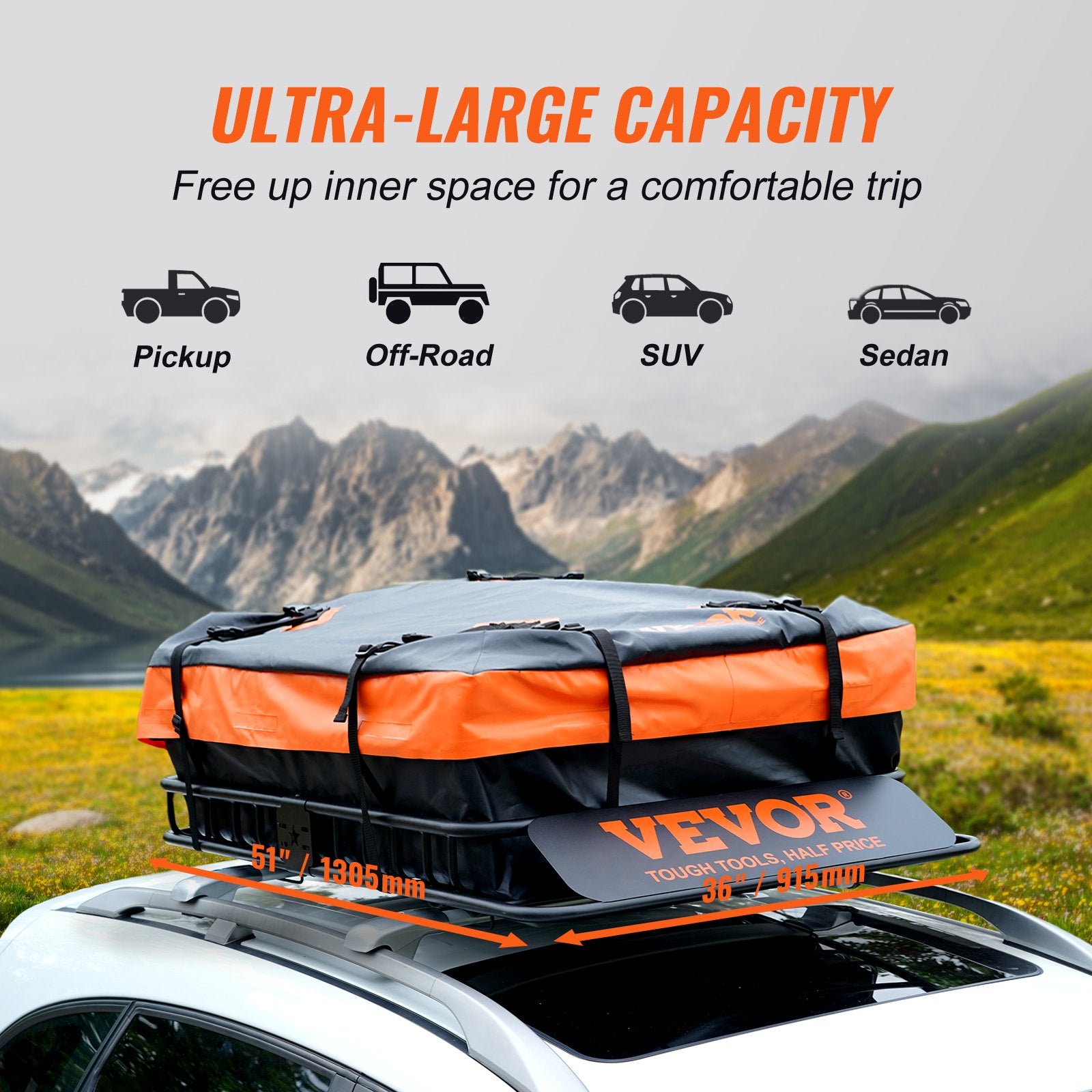 VEVOR Roof Rack Cargo Basket 200 LBS 51"x36"x5" for SUV Truck with Luggage Bag