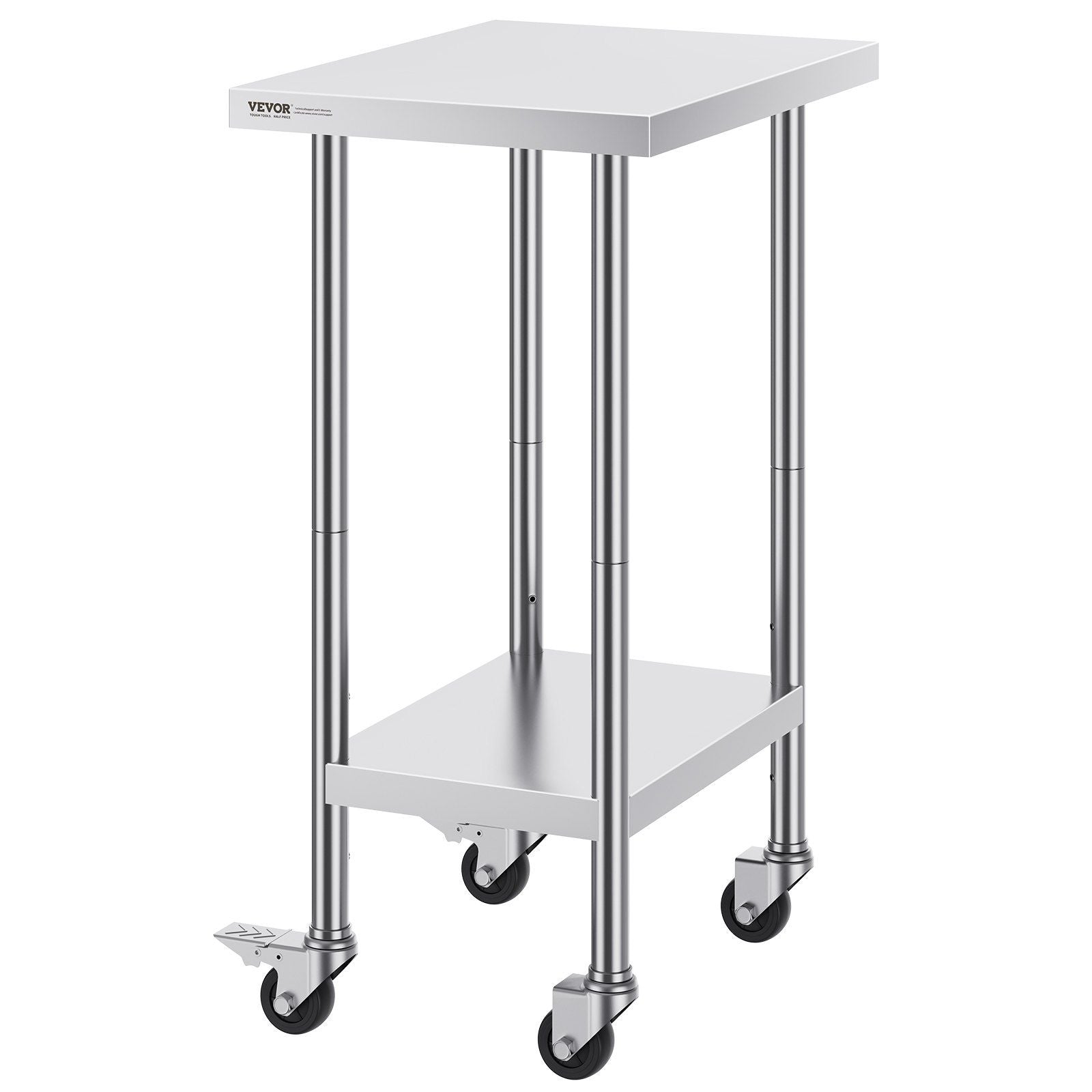 Stainless Steel Work Table 24 x 18 x 38 Inch, with 4 Wheels, 3 Adjustable Height Levels, Heavy Duty Food Prep Worktable for Commercial Kitchen Restaurant, Silver