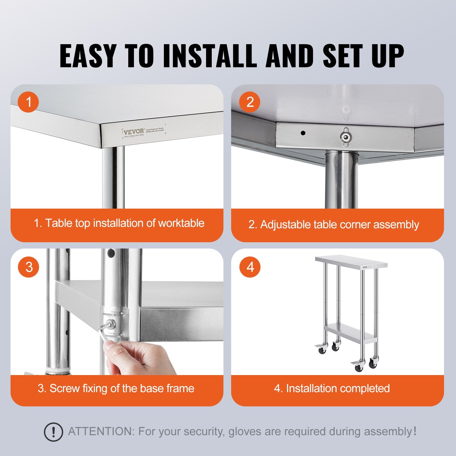 VEVOR Stainless Steel Work Table 30 x 12 x 38 Inch, with 4 Wheels, 3 Adjustable Height Levels, Heavy Duty Food Prep Worktable for Commercial Kitchen Restaurant, Silver