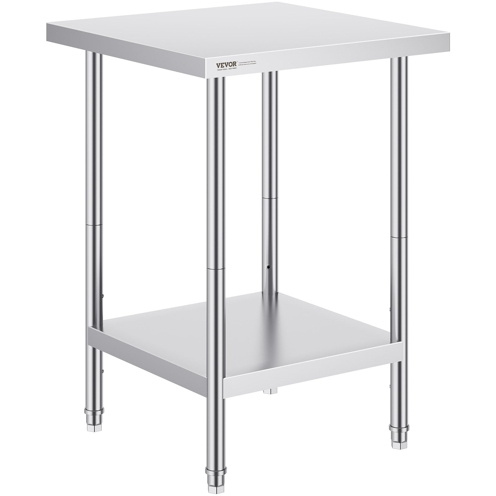 VEVOR Stainless Steel Prep Table, 24 x 24 x 34 Inch, Heavy Duty Metal Worktable with 3 Adjustable Height Levels, Commercial Workstation for Kitchen Garage Restaurant Backyard