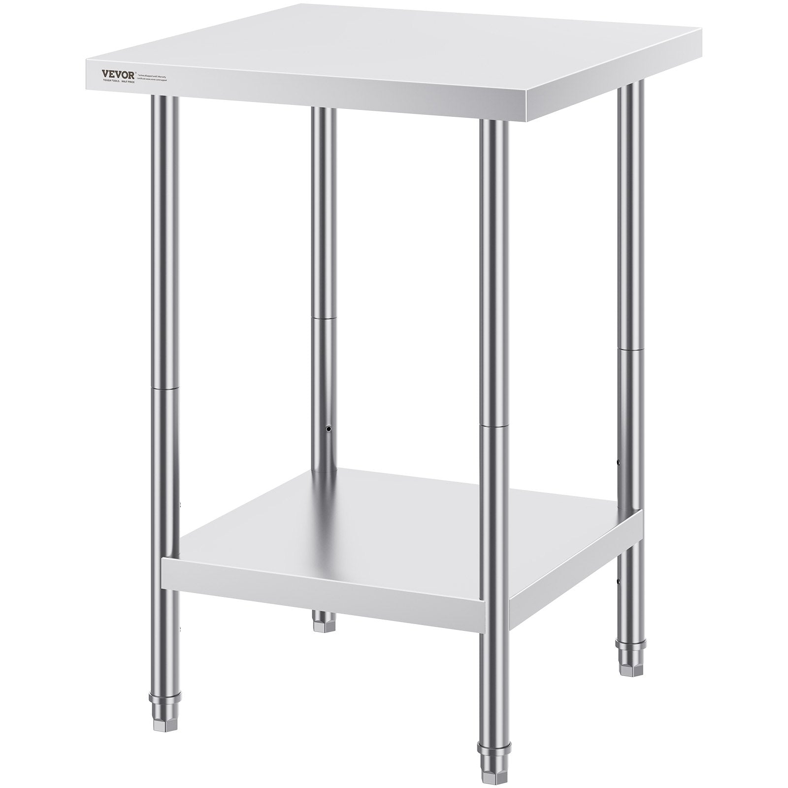 VEVOR Stainless Steel Prep Table, 24 x 24 x 34 Inch, Heavy Duty Metal Worktable with 3 Adjustable Height Levels, Commercial Workstation for Kitchen Garage Restaurant Backyard