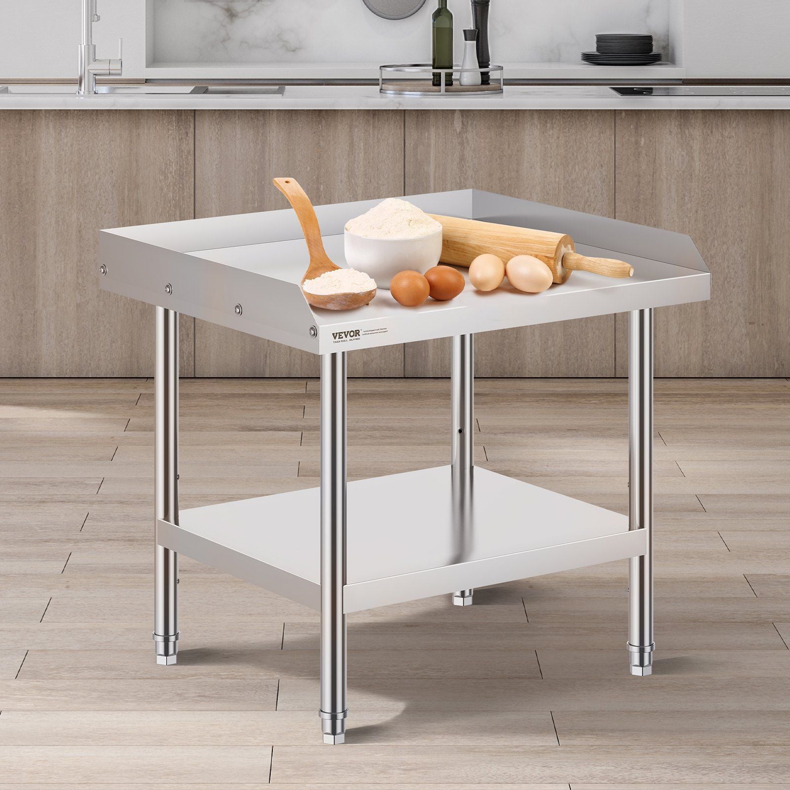 Stainless Steel Work Table, 24 x 28 x 26 Inch Commercial Food Prep Worktable, 3-Sided Backsplash Heavy Duty Prep Worktable, Metal Work Table with Adjustable Height for Restaurant Home Hotel