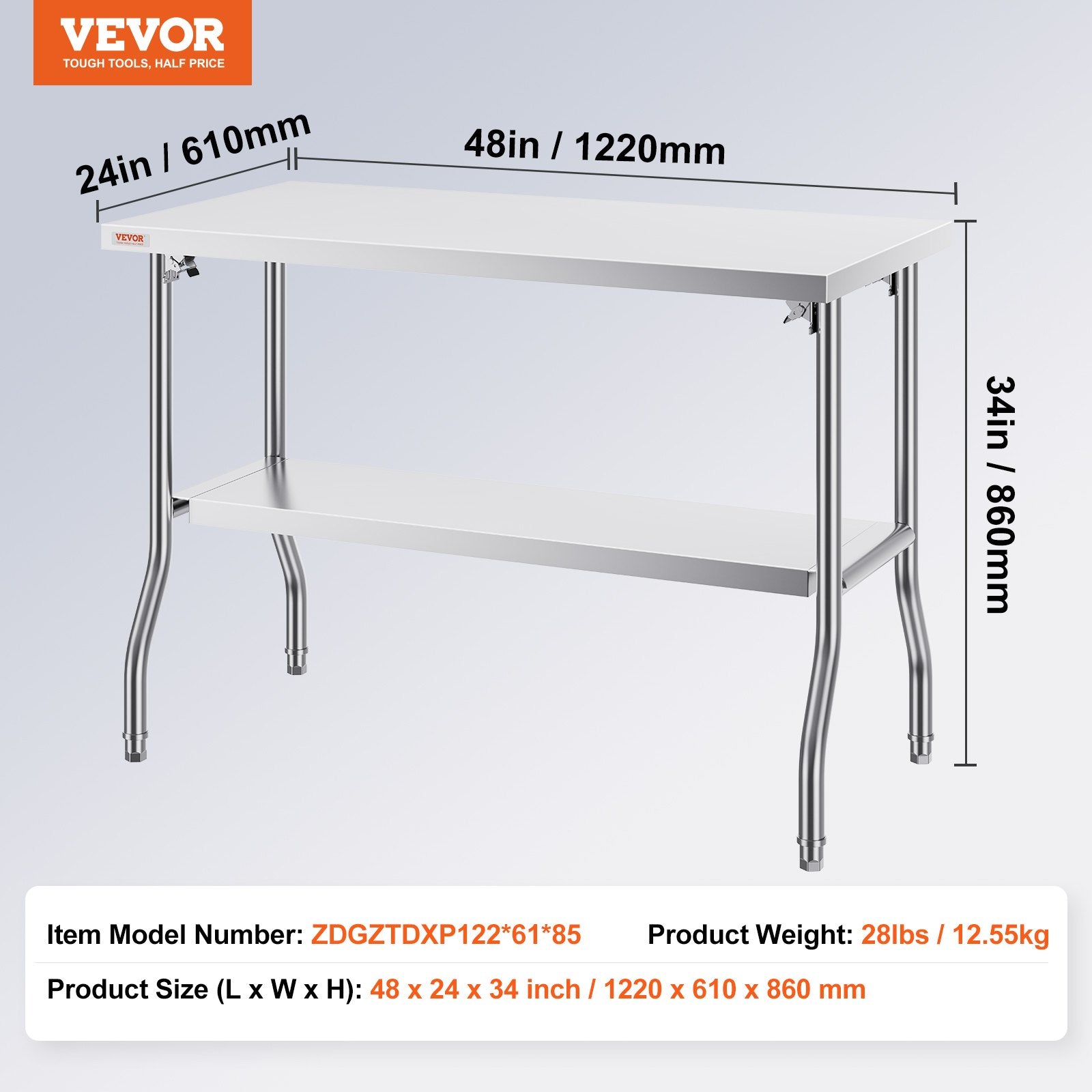 VEVOR Commercial Worktable Workstation Folding Commercial Prep Table 1220x610 mm
