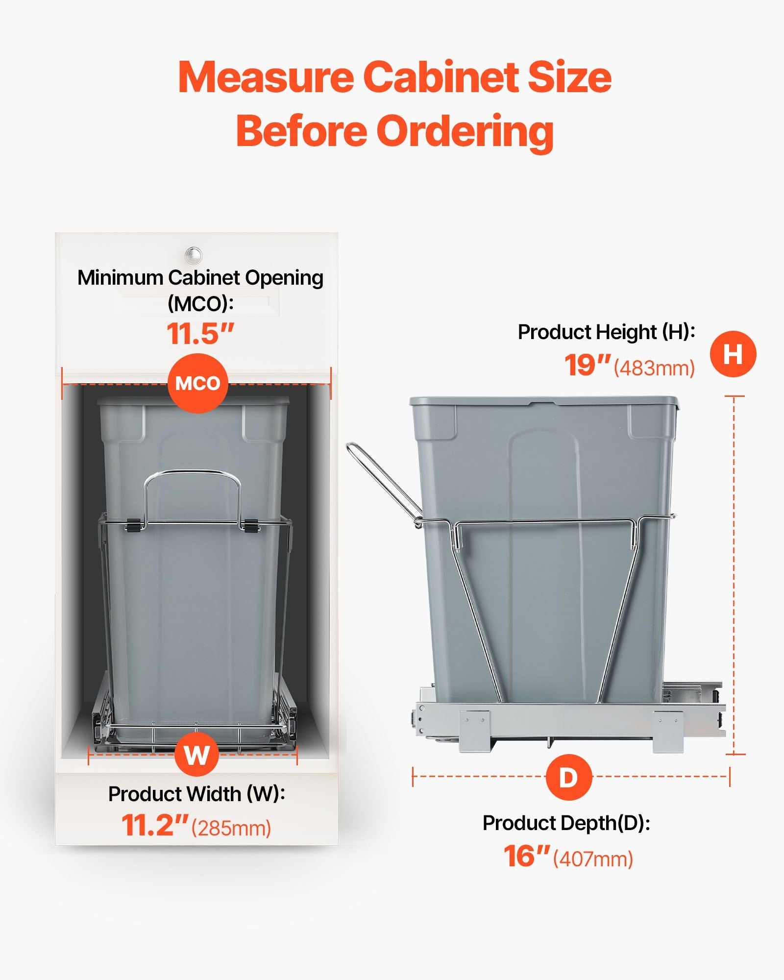 Pullout Trash Can for Kitchen Cabinets, Garbage Waste Recycling Bin, Under Mount Waste Container, with Heavy Duty Metal Full Extension Sliding System and Handle, for Sink, Under Counter