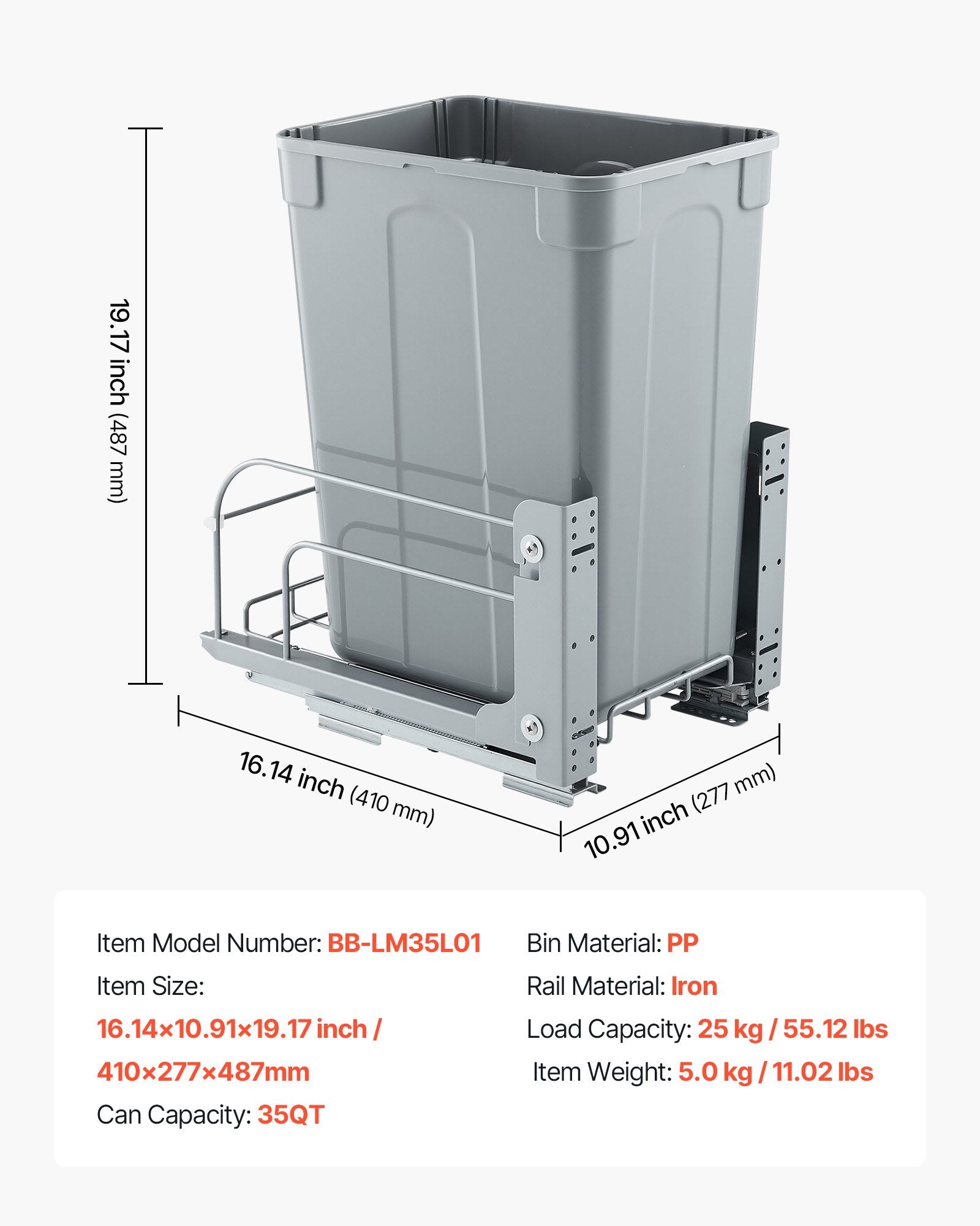 VEVOR Pullout Trash Can for Kitchen Cabinets, Garbage Waste Recycling Bin, Under Mount Waste Container, with Heavy Duty Metal Soft Close Sliding System and Door Kit, for Sink, Under Counter
