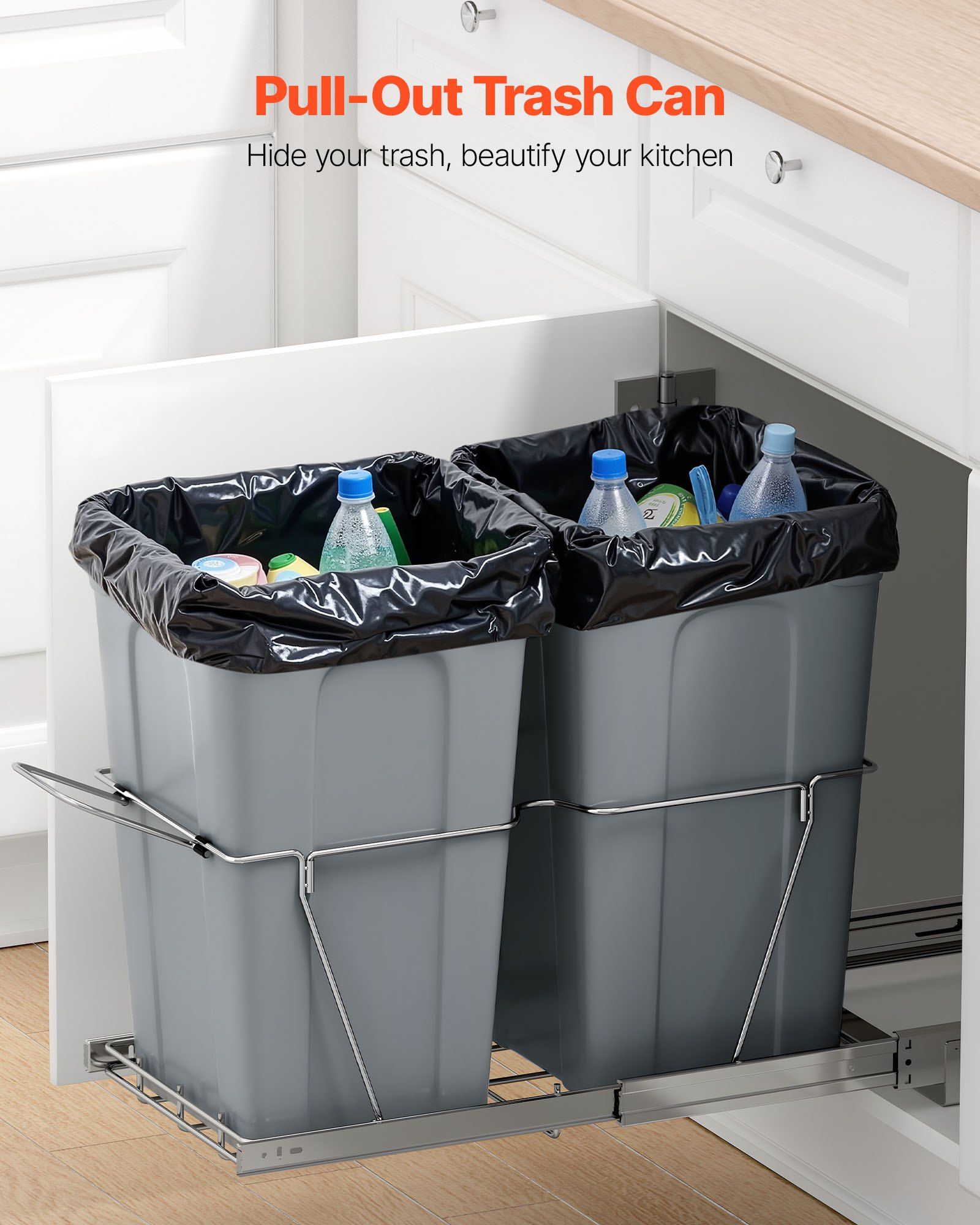 Pullout Trash Can for Kitchen Cabinets,Double Under Sink Garbage Waste Recycling Bin, Under Mount Waste Container, with Heavy Duty Metal Full Extension Sliding System and Handle