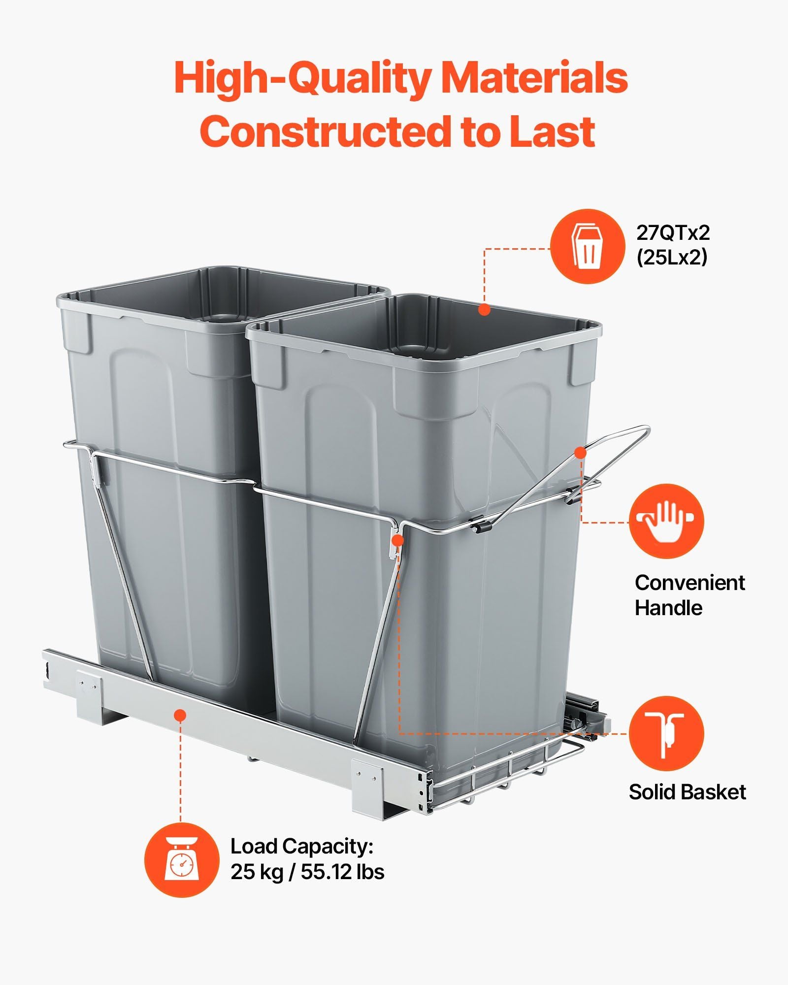 Pullout Trash Can for Kitchen Cabinets,Double Under Sink Garbage Waste Recycling Bin, Under Mount Waste Container, with Heavy Duty Metal Full Extension Sliding System and Handle