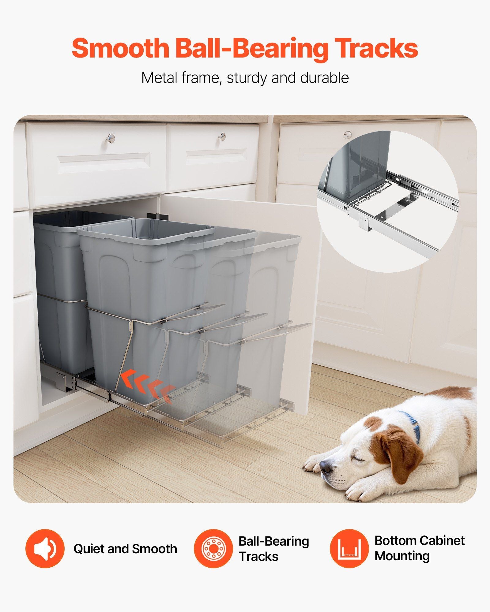 Pullout Trash Can for Kitchen Cabinets,Double Under Sink Garbage Waste Recycling Bin, Under Mount Waste Container, with Heavy Duty Metal Full Extension Sliding System and Handle