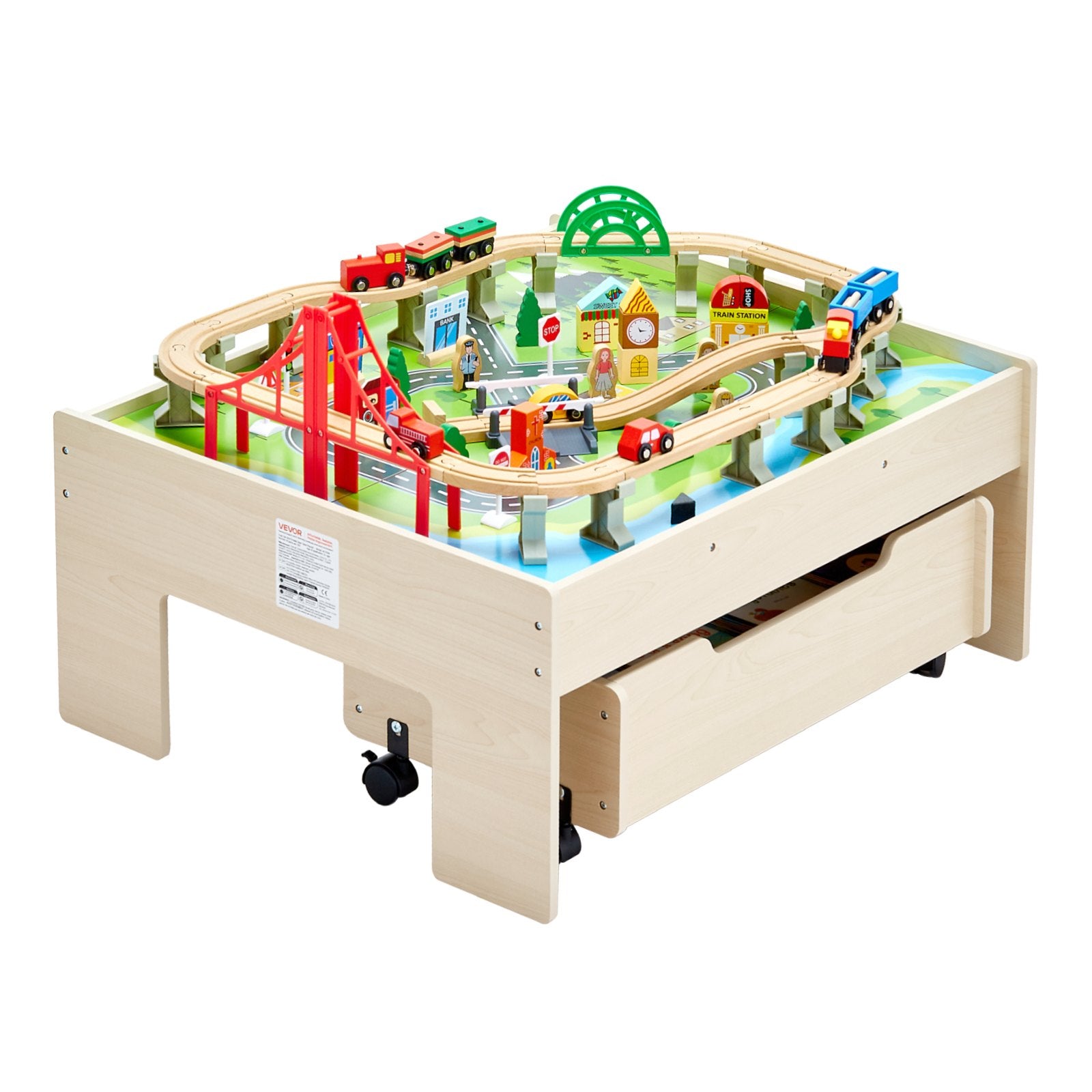 VEVOR Train Table 100 PCS Wooden Kids Activity Table with Rolling Storage Drawer