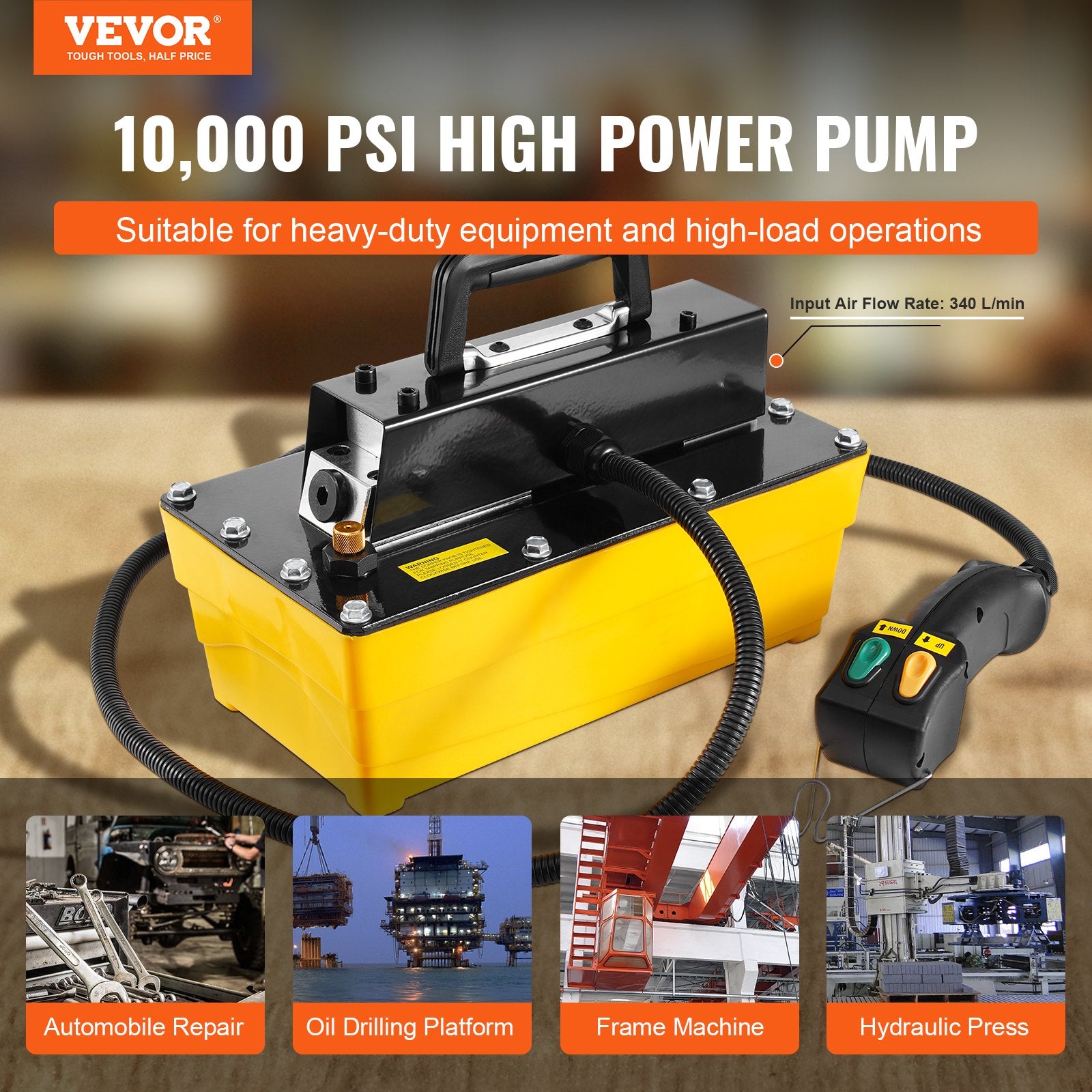 VEVOR 10,000PSI Air Hydraulic Pump, 2.3 L Reservoir, NPT 3/8 In Oil Outlet, NPT 1/4 In Inlet, Air Actuated Foot Pump with Remote Control Actuator, for Automobile Frame Machine & Hydraulic Press