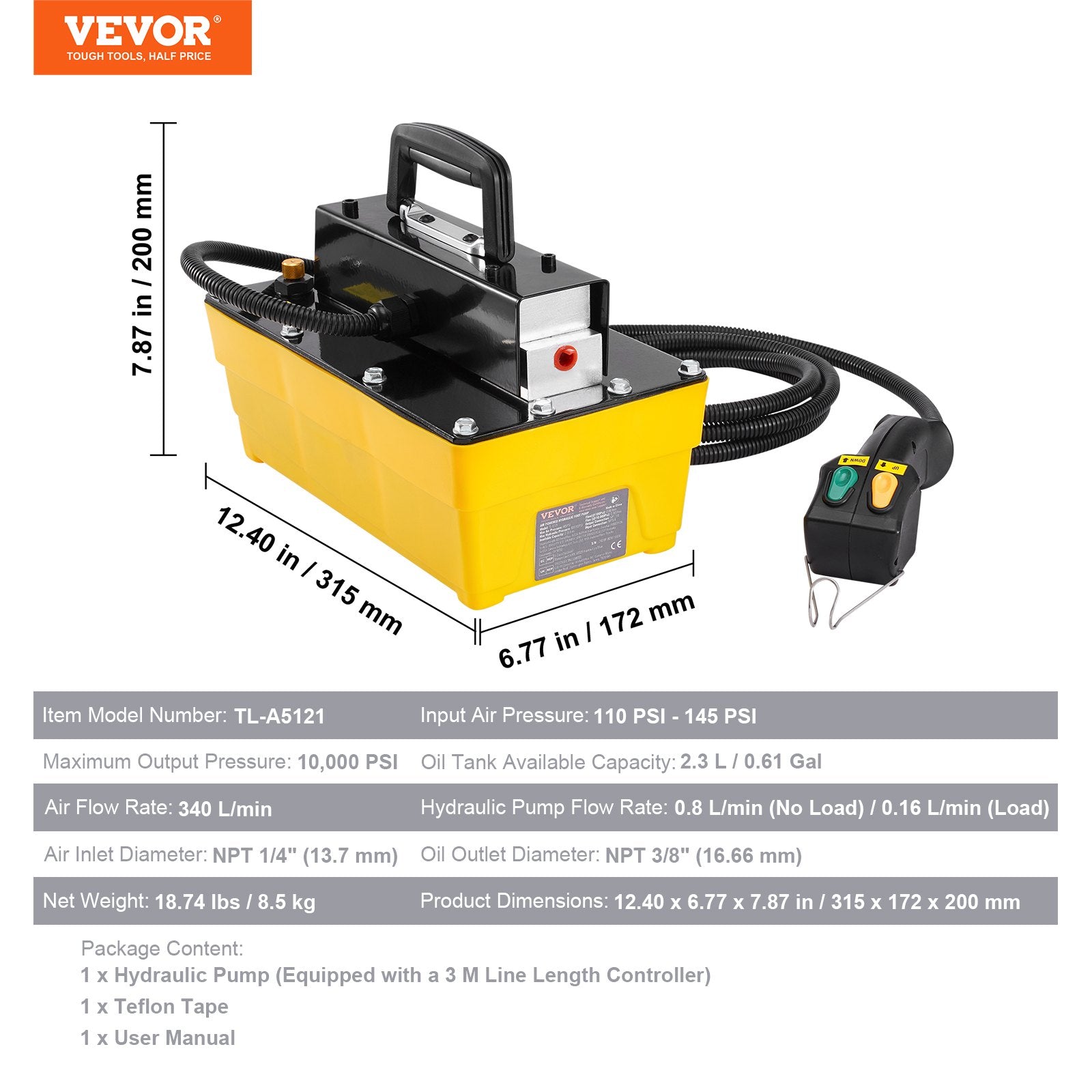 VEVOR 10,000PSI Air Hydraulic Pump, 2.3 L Reservoir, NPT 3/8 In Oil Outlet, NPT 1/4 In Inlet, Air Actuated Foot Pump with Remote Control Actuator, for Automobile Frame Machine & Hydraulic Press
