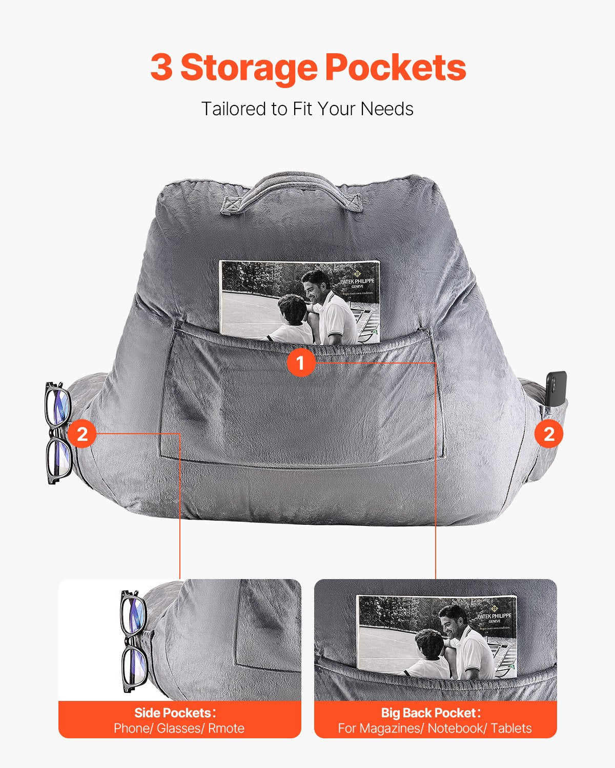 VEVOR Reading Pillow Standard Size Bed Pillow with Shredded Memory Foam Washable