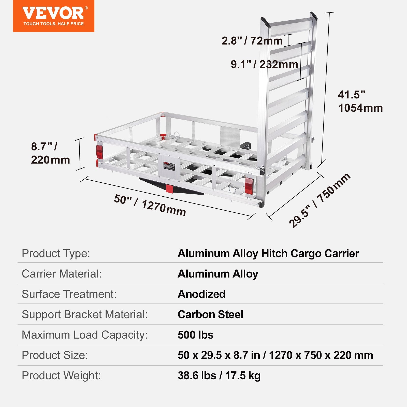 VEVOR 50 x 29.5 x 8.7 in Hitch Cargo Carrier, 500lb Capacity Trailer Hitch Mount Aluminum Cargo Basket with Folding Ramp, Luggage Carrier Rack Fits 2" Hitch Receiver for SUV Truck Pickup Camping