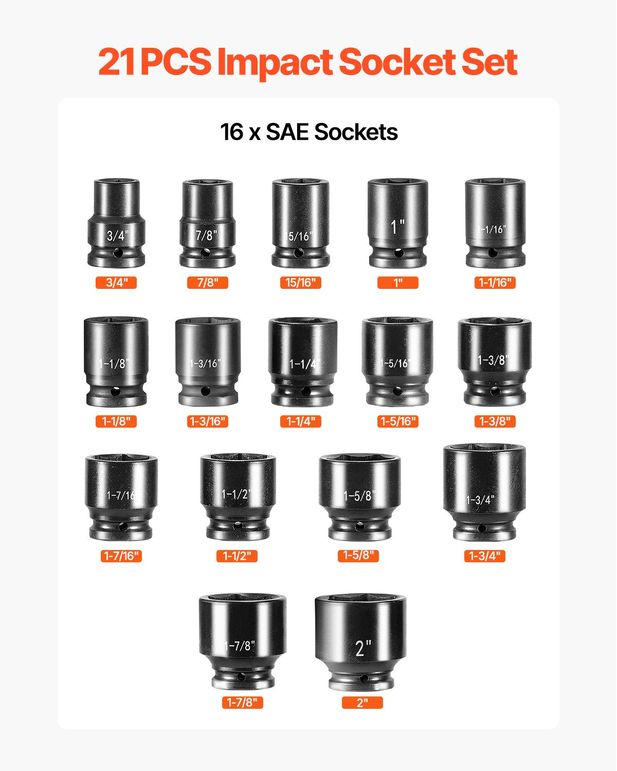 VEVOR 3/4 in Drive Impact Socket Set, 21 Pieces SAE 3/4 in to 2 in, 6 Point Cr-V Alloy Steel for Auto Repair, Easy-to-Read Size Markings, Includes Extension Bars, Ratchet Handle and Storage Case