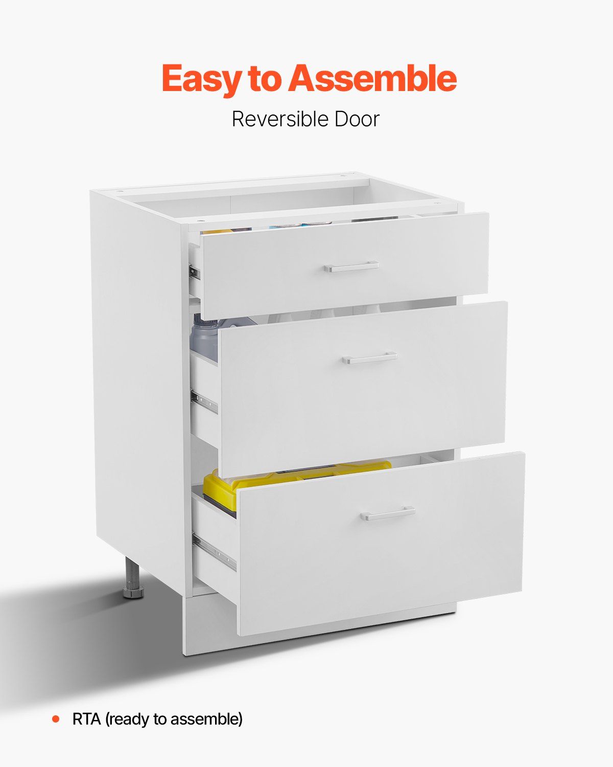 White Shaker Base Cabinet with 3 Drawers, 60 cm Unassembled Drawer Base Cabinet, 60 W x 48 D x 82 H Ready to Assemble Cabinet with Soft-Close Drawer Slides, for Home Office