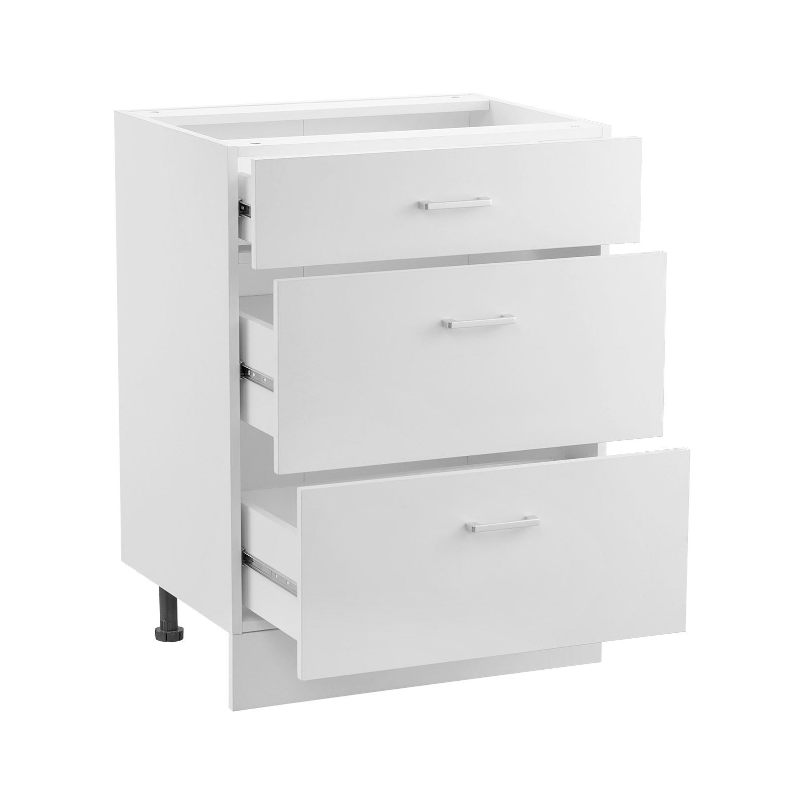White Shaker Base Cabinet with 3 Drawers, 60 cm Unassembled Drawer Base Cabinet, 60 W x 48 D x 82 H Ready to Assemble Cabinet with Soft-Close Drawer Slides, for Home Office