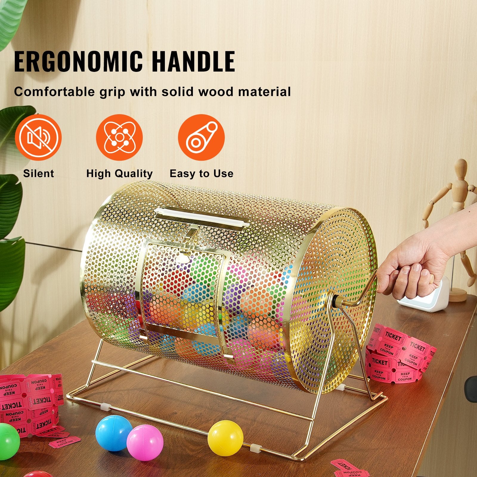 VEVOR Raffle Drum, 16.1 x Ø12 inch Brass Plated Raffle Ticket Spinning Cage, Holds 5000 Tickets or 200 Ping Pong Balls, Metal Lottery Spinning Drawing with Wooden Turning Handle, for Bingo Ballot Part