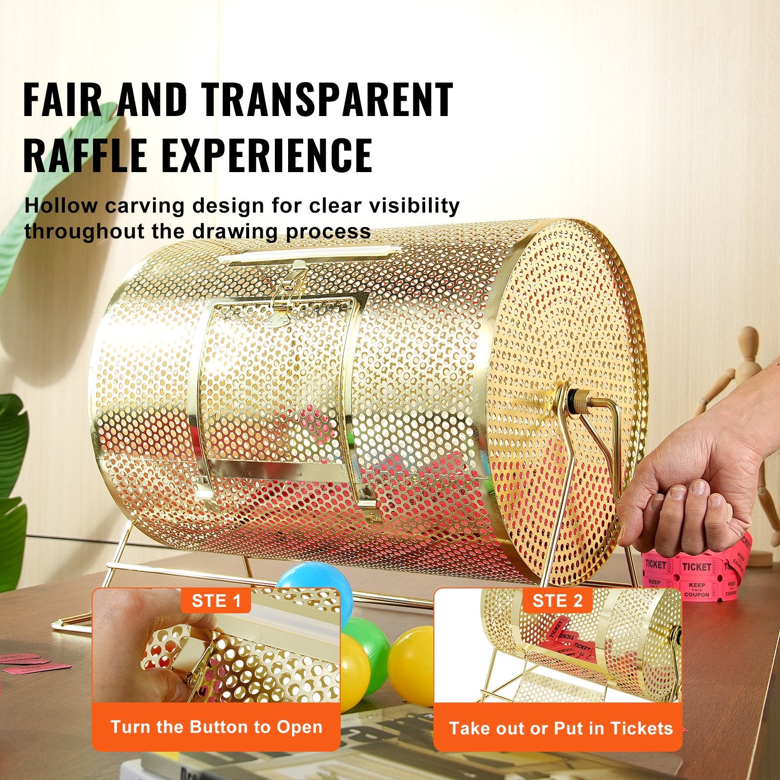VEVOR Raffle Drum, 16.1 x Ø12 inch Brass Plated Raffle Ticket Spinning Cage, Holds 5000 Tickets or 200 Ping Pong Balls, Metal Lottery Spinning Drawing with Wooden Turning Handle, for Bingo Ballot Part