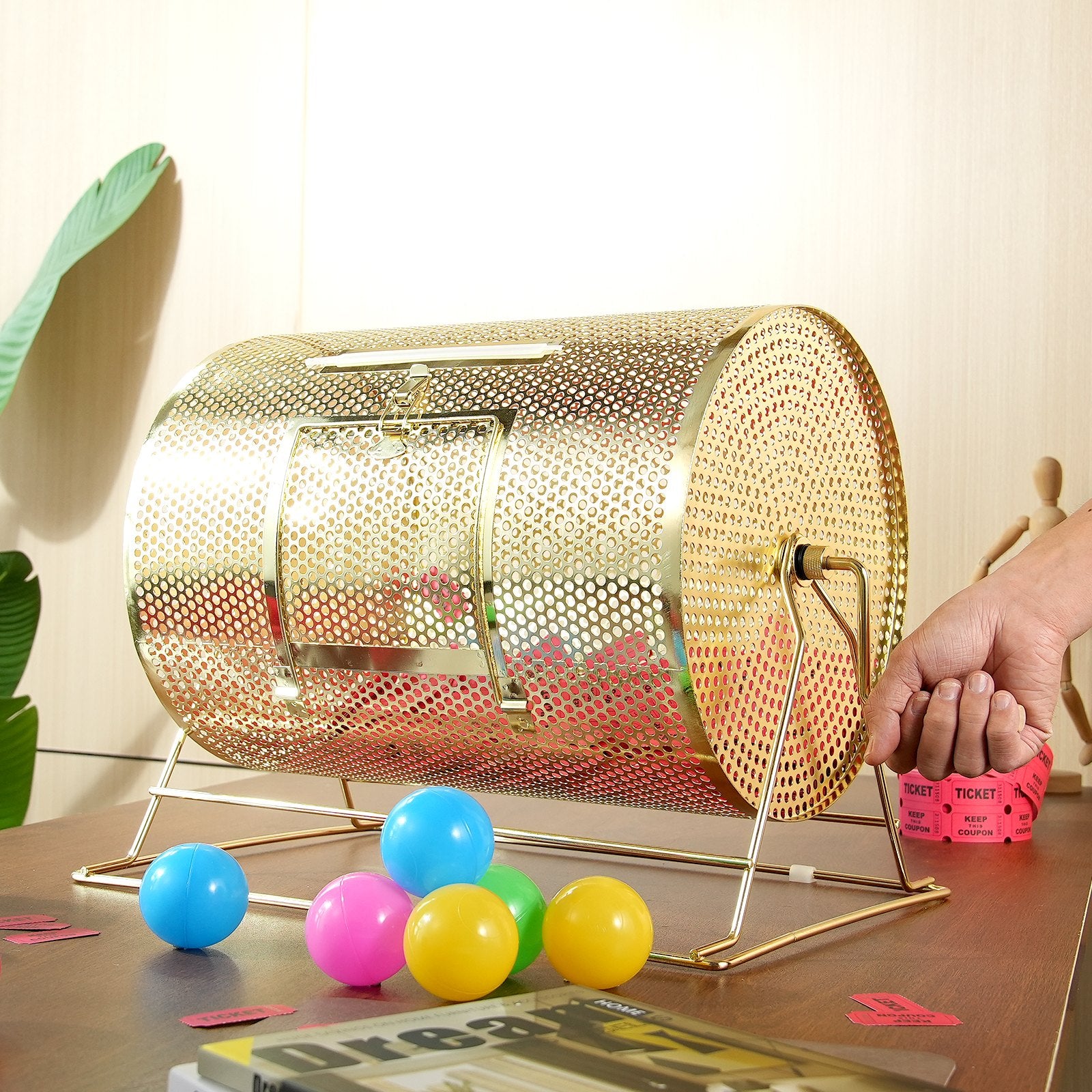 VEVOR Raffle Drum, 16.1 x Ø12 inch Brass Plated Raffle Ticket Spinning Cage, Holds 5000 Tickets or 200 Ping Pong Balls, Metal Lottery Spinning Drawing with Wooden Turning Handle, for Bingo Ballot Part