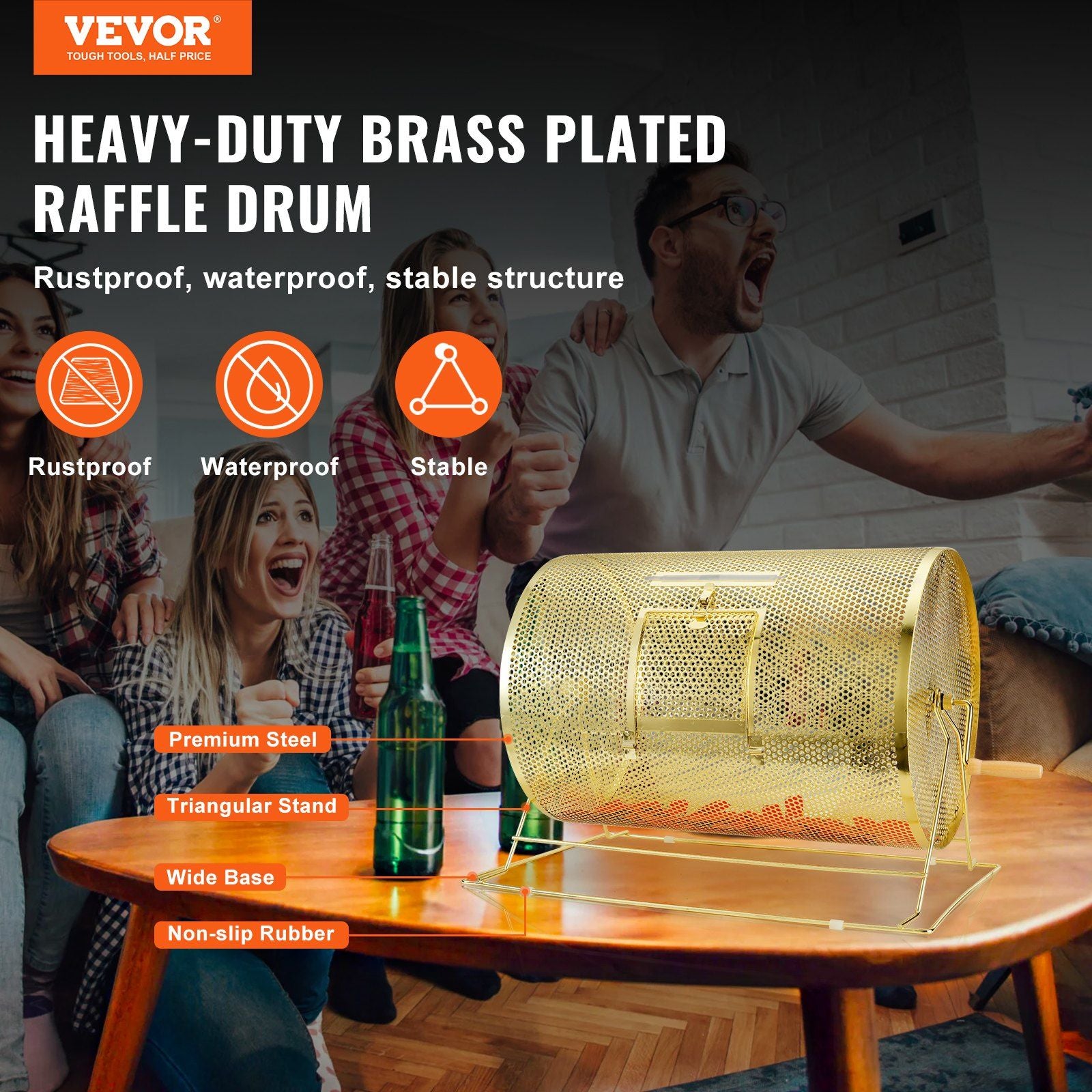 Raffle Drum, 14.8 x Ø21.26 inch Brass Plated Raffle Ticket Spinning Cage, Holds 10000 Tickets or 300 Ping Pong Balls, Metal Lottery Spinning Drawing with Wooden Turning Handle, for Bingo Ballot