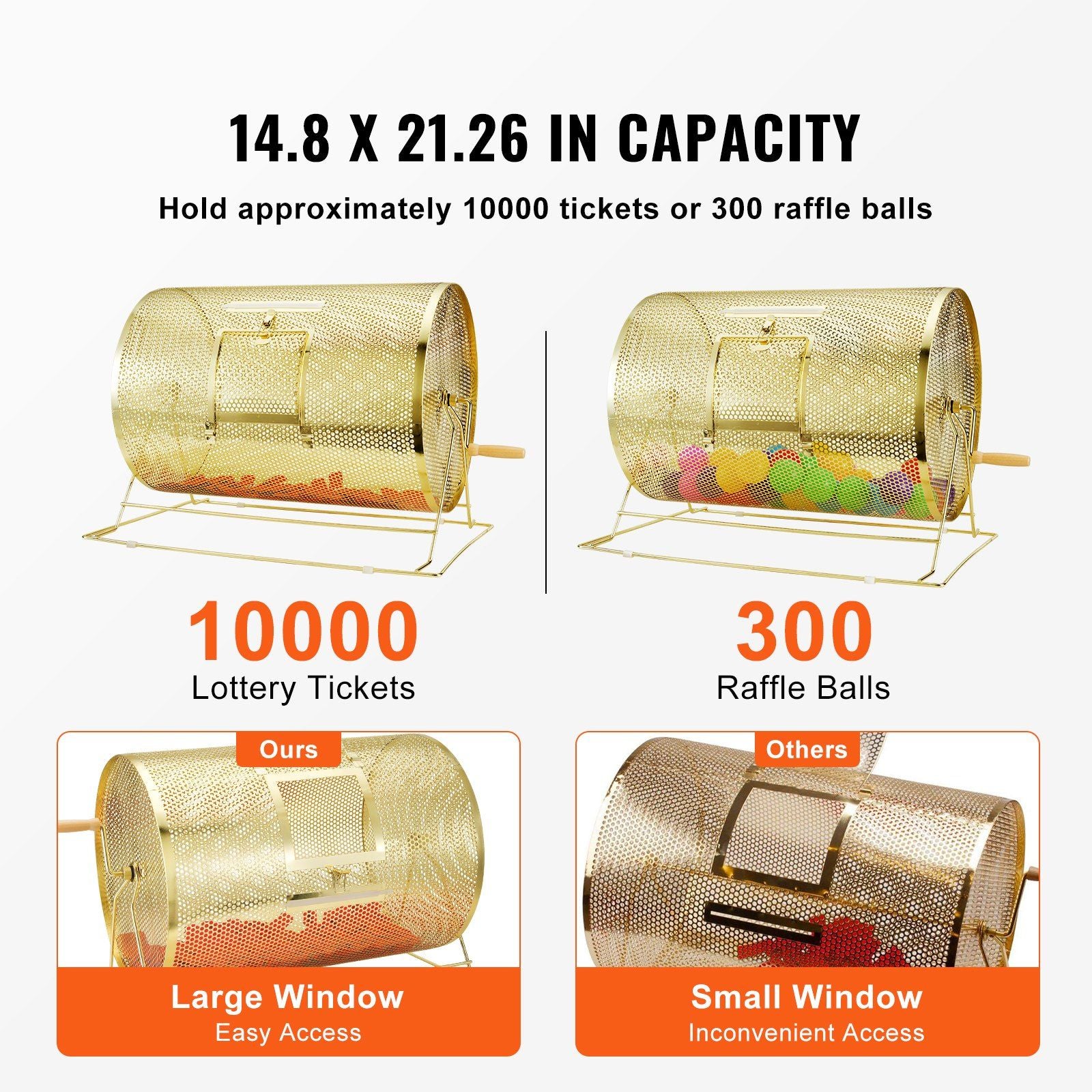 Raffle Drum, 14.8 x Ø21.26 inch Brass Plated Raffle Ticket Spinning Cage, Holds 10000 Tickets or 300 Ping Pong Balls, Metal Lottery Spinning Drawing with Wooden Turning Handle, for Bingo Ballot