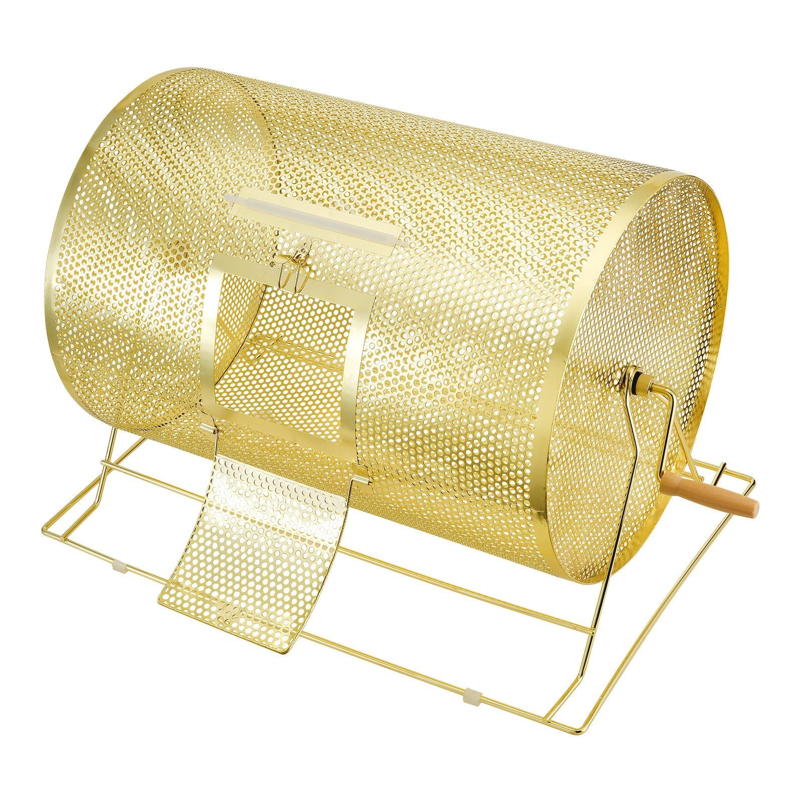 Raffle Drum, 14.8 x Ø21.26 inch Brass Plated Raffle Ticket Spinning Cage, Holds 10000 Tickets or 300 Ping Pong Balls, Metal Lottery Spinning Drawing with Wooden Turning Handle, for Bingo Ballot