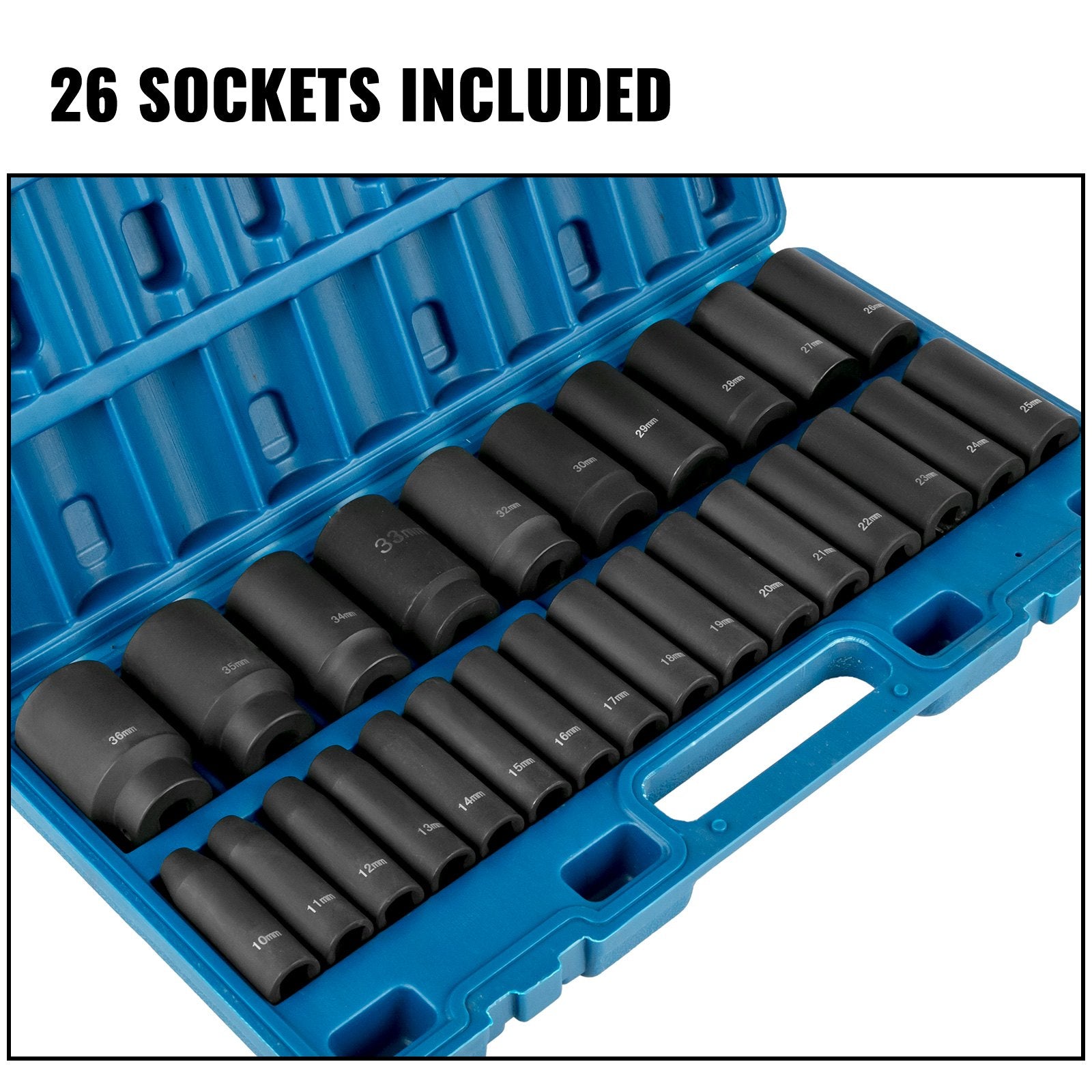 VEVOR Impact Sockets Set 1/2 Inch Drive 26 PCS Metric 10mm - 36mm Deep 6-Point Set