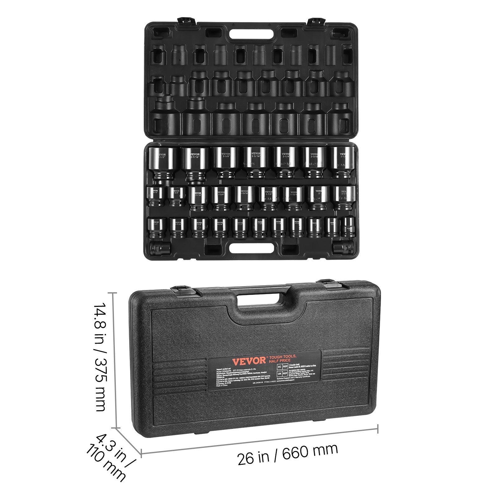 VEVOR Impact Socket Set 3/4 Inches 29 Piece Impact Sockets, 6-Point Sockets, Rugged Construction, CR-M0, 3/4 Inches Drive Socket Set Impact SAE 3/4 inch - 2-1/2 inch, with a Storage Cage