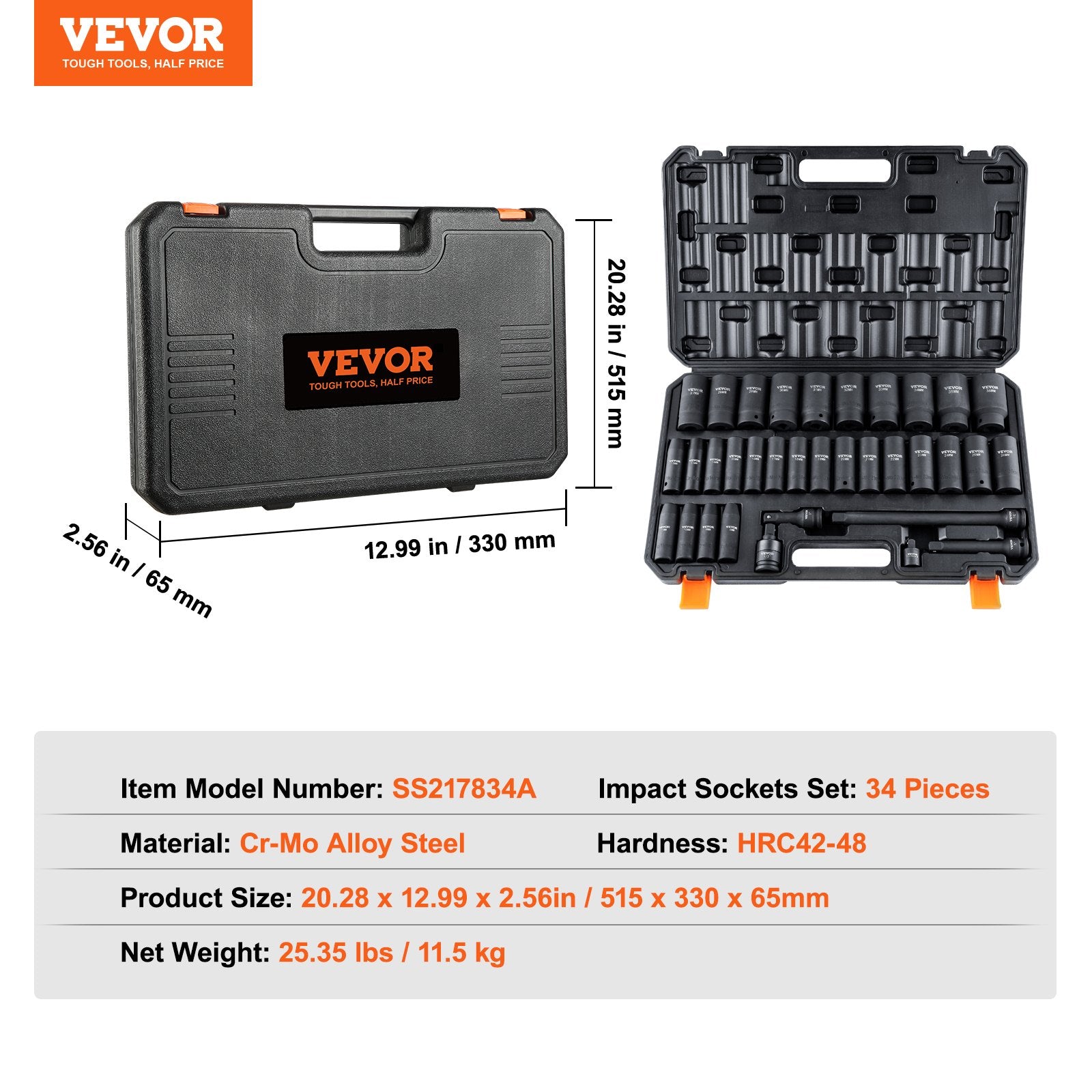 VEVOR 1/2" Drive Deep Impact Socket Set, 34pcs Socket Set Metric (8-36mm) 6 Point Cr-MO Alloy Steel for Auto Repair, Rugged Construction, Includes Heavy Duty Storage Case