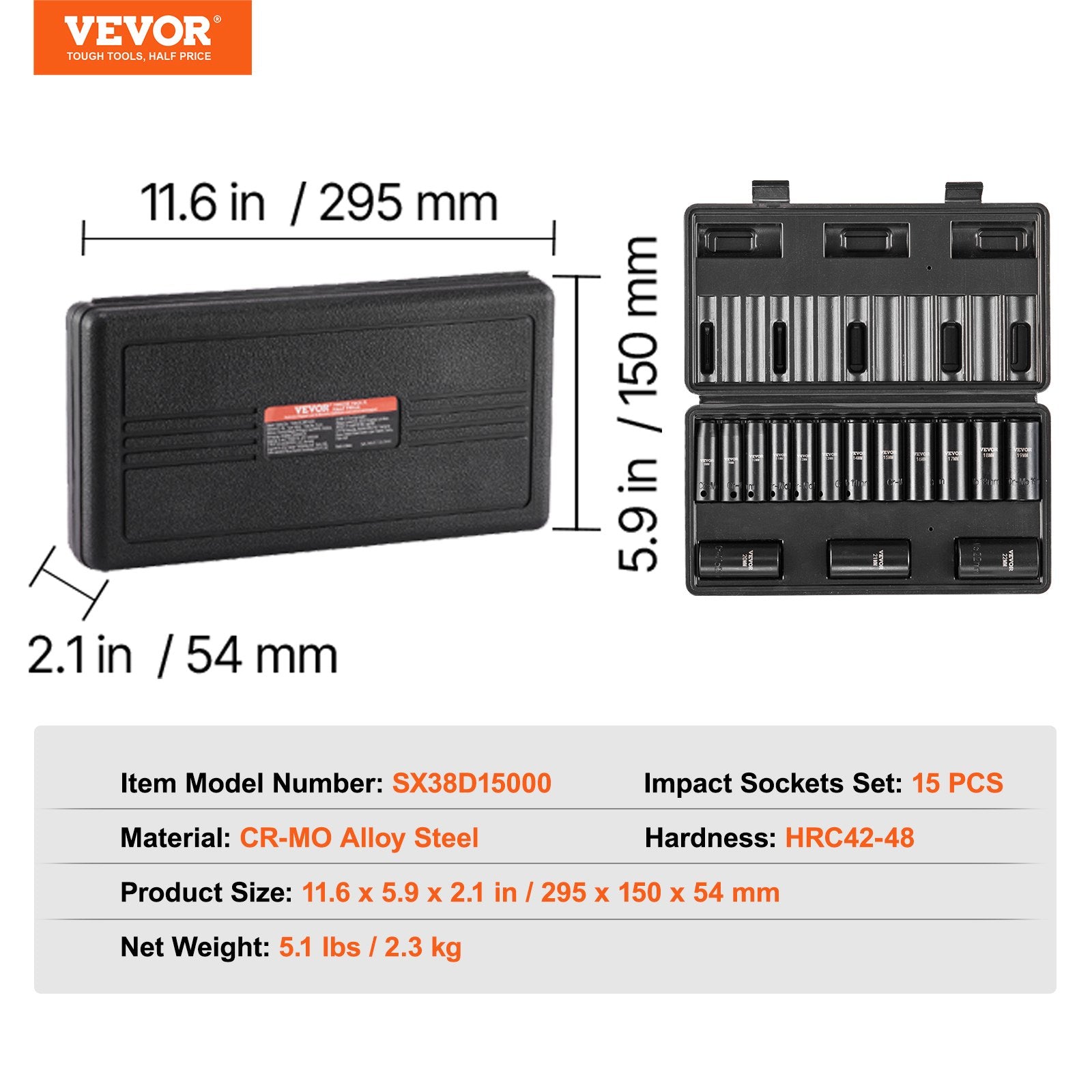 VEVOR 3/8" Drive Impact Socket Set, 15 Piece Deep Socket Set Metric 8-22mm, 6 Point Cr-Mo Alloy Steel for Auto Repair, Easy-to-Read Size Markings, Rugged Construction, Includes Storage Case