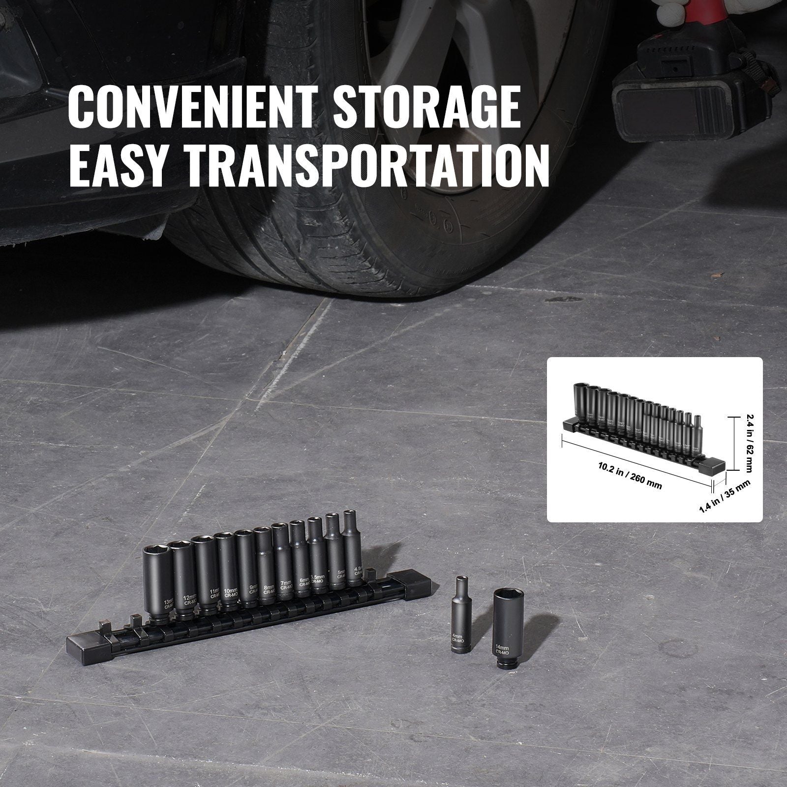 1/4" Drive Impact Socket Set, 14 Piece Deep Socket Set Metric 4-15mm, 6 Point Cr-Mo Alloy Steel for Auto Repair, Easy-to-Read Size Markings, Rugged Construction, Socket Organizer