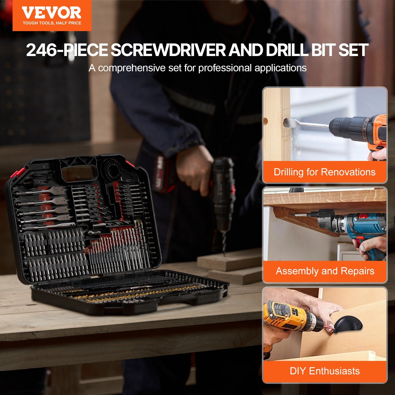 VEVOR Drill Bit Set, 246 Pieces Drill and Driver Bit Set, Screwdriver Bit Set Suitable for Wood Metal Cement Drilling and Screw Driving, Drill Bit Sets Combo Kit Assorted in Organized Carrying Case