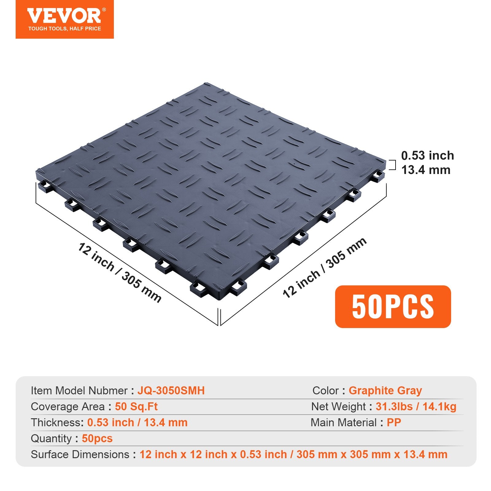 VEVOR Garage Tiles Interlocking, 12 x 12 x 0.53 inch 50 Pack Garage Floor Covering Tiles, Non-Slip Double-Sided Texture Garage Flooring Tiles, for Garages, Basements, Repair Shops, Graphite Gray
