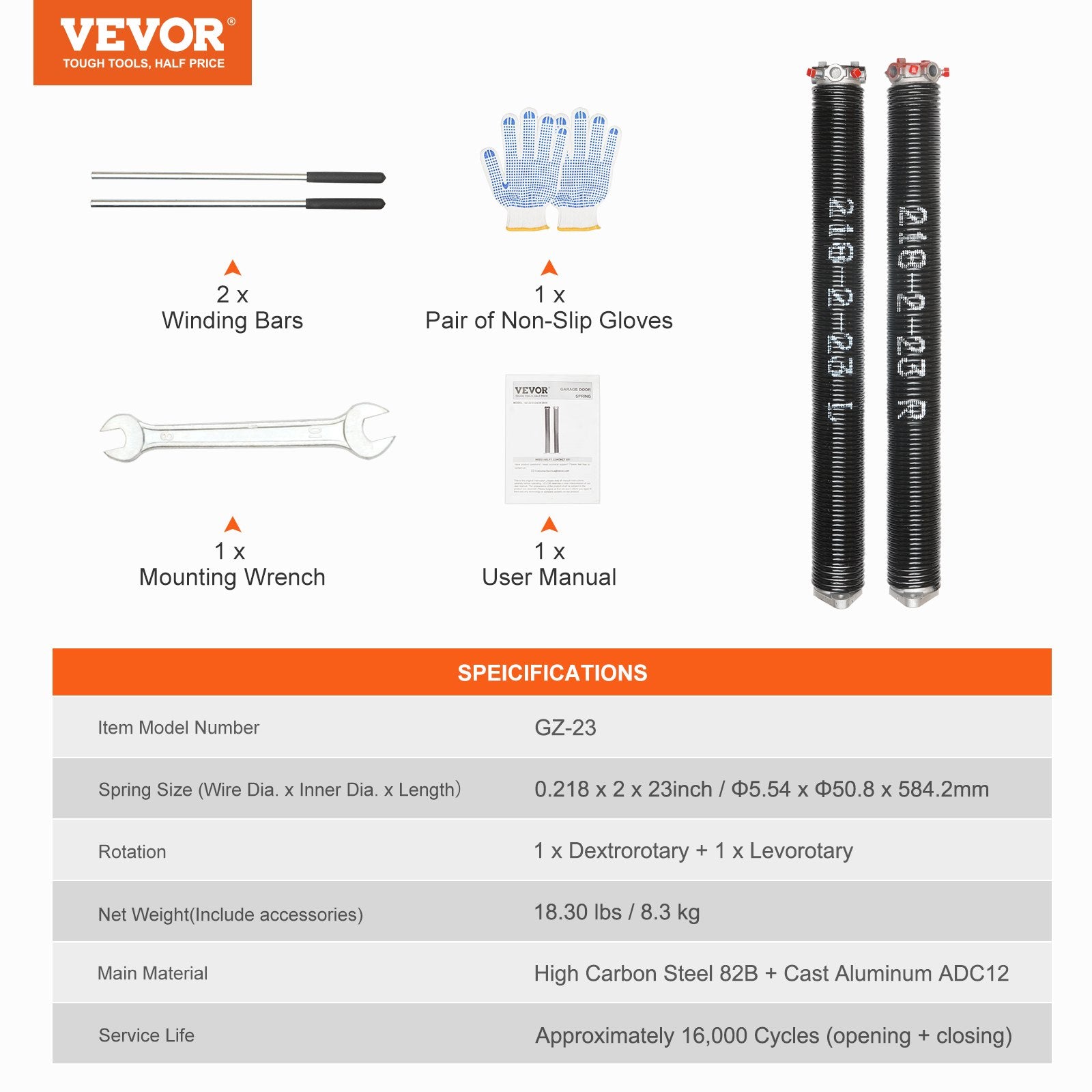 VEVOR Garage Door Torsion Springs Pair of 0.218 x 2 x 23inch with Winding Bars