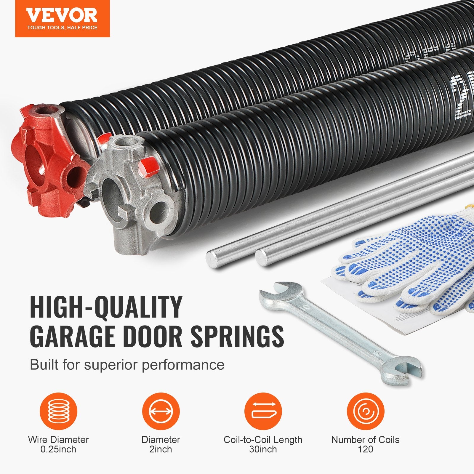 VEVOR Garage Door Torsion Springs, 16000 Cycles, Pair of 0.25 x 2 x 30inch, Garage Door Springs with Non-Slip Winding Bars, Mounting Tool and Gloves, Electrophoresis Coated, for Replacement
