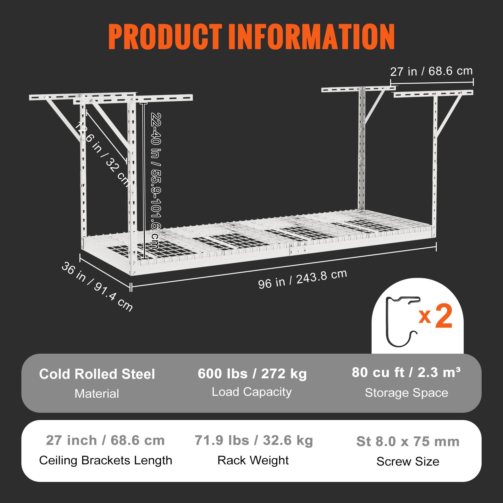 VEVOR Overhead Garage Storage Rack, 91.44x243.84cm Garage Ceiling Storage Racks, Heavy Duty Adjustable Cold Rolled Steel Racks for Garage Storage, Organization, 272.16kg Load Capacity, 22''-40", White