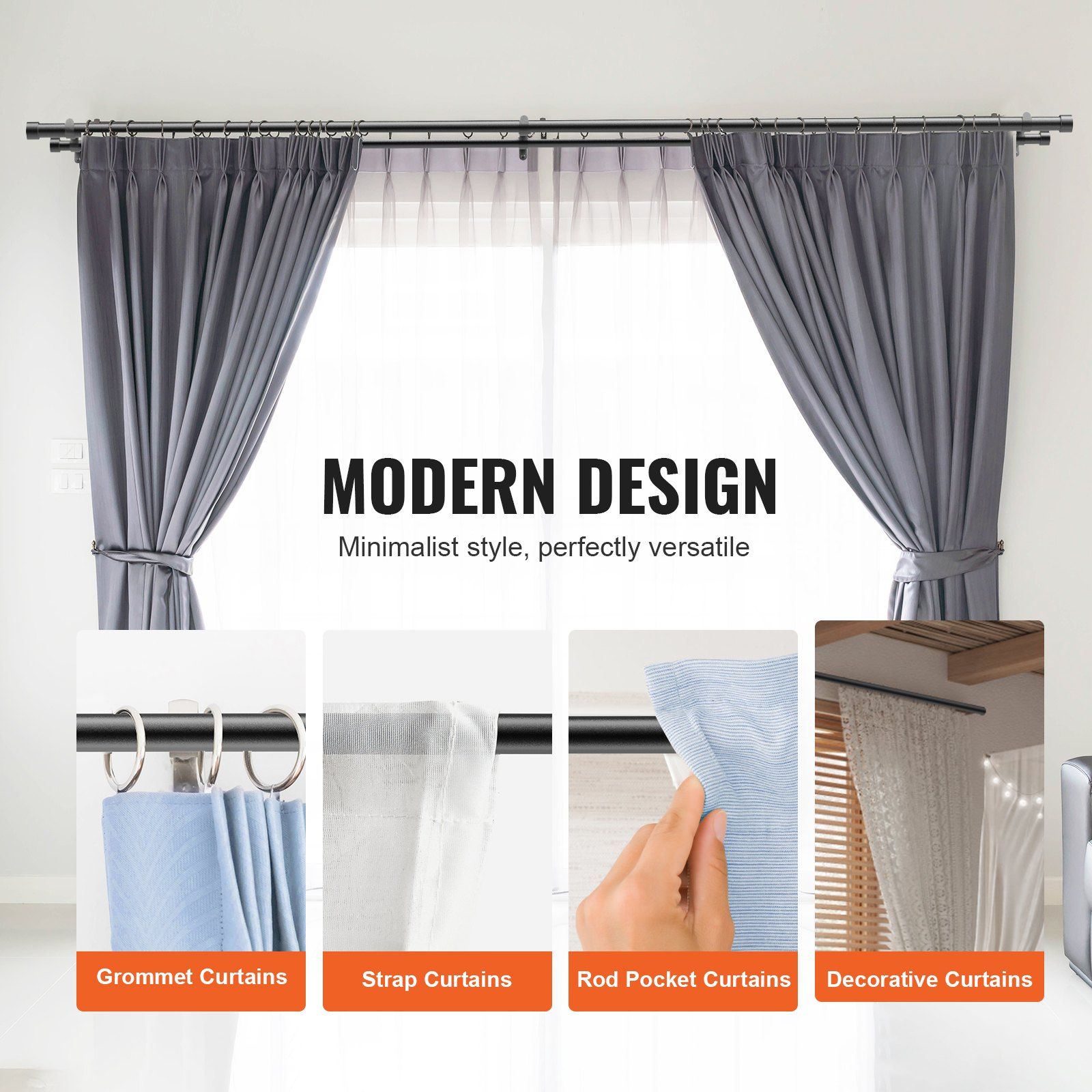 Double Rod Curtain Rods, 36-72 inches(3-6ft) Adjustable Length, Black Double Curtain Rods with Cap Finials, 1" and 3/4" Diameter, Double Window Drapery Rod for Sheer and Blackout Curtains