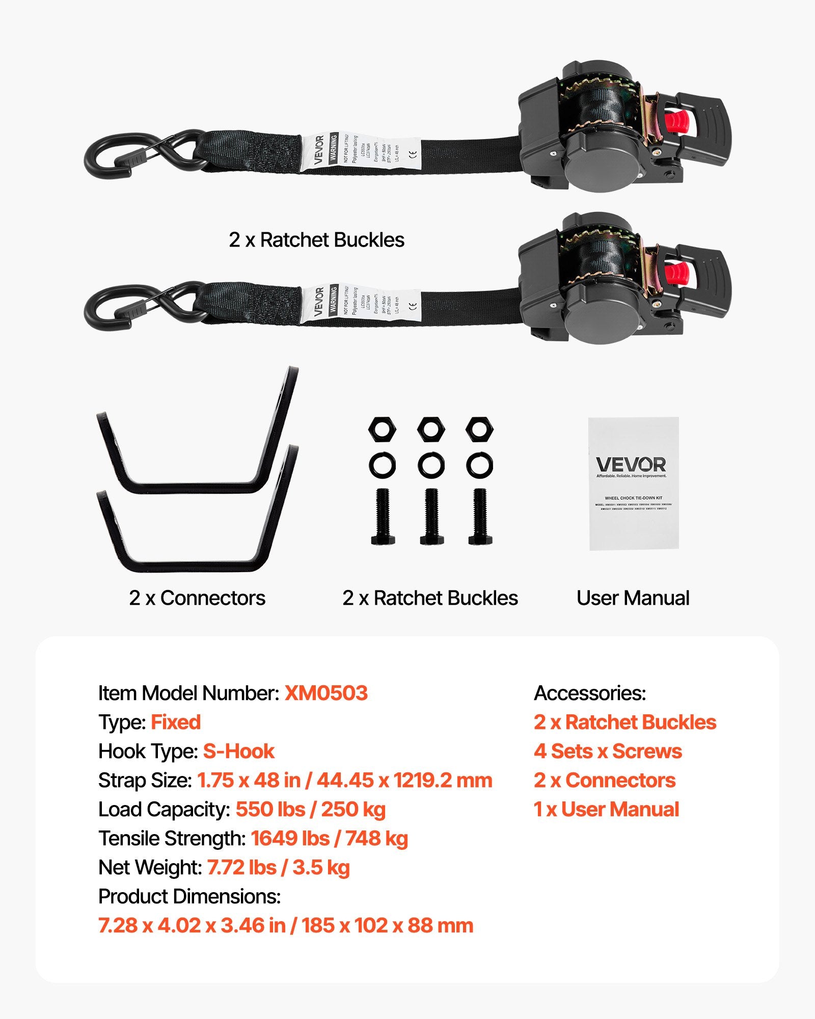 VEVOR Wheel Chock Tie-Down Kit, Fixed Trailer Tie Down Strap, Car Tie Down Kit with S-Hook, Break Strength 748 kg & Working Load 250 kg Motorcycle Tie-Down System for Trailers, Boats, Snowmobiles
