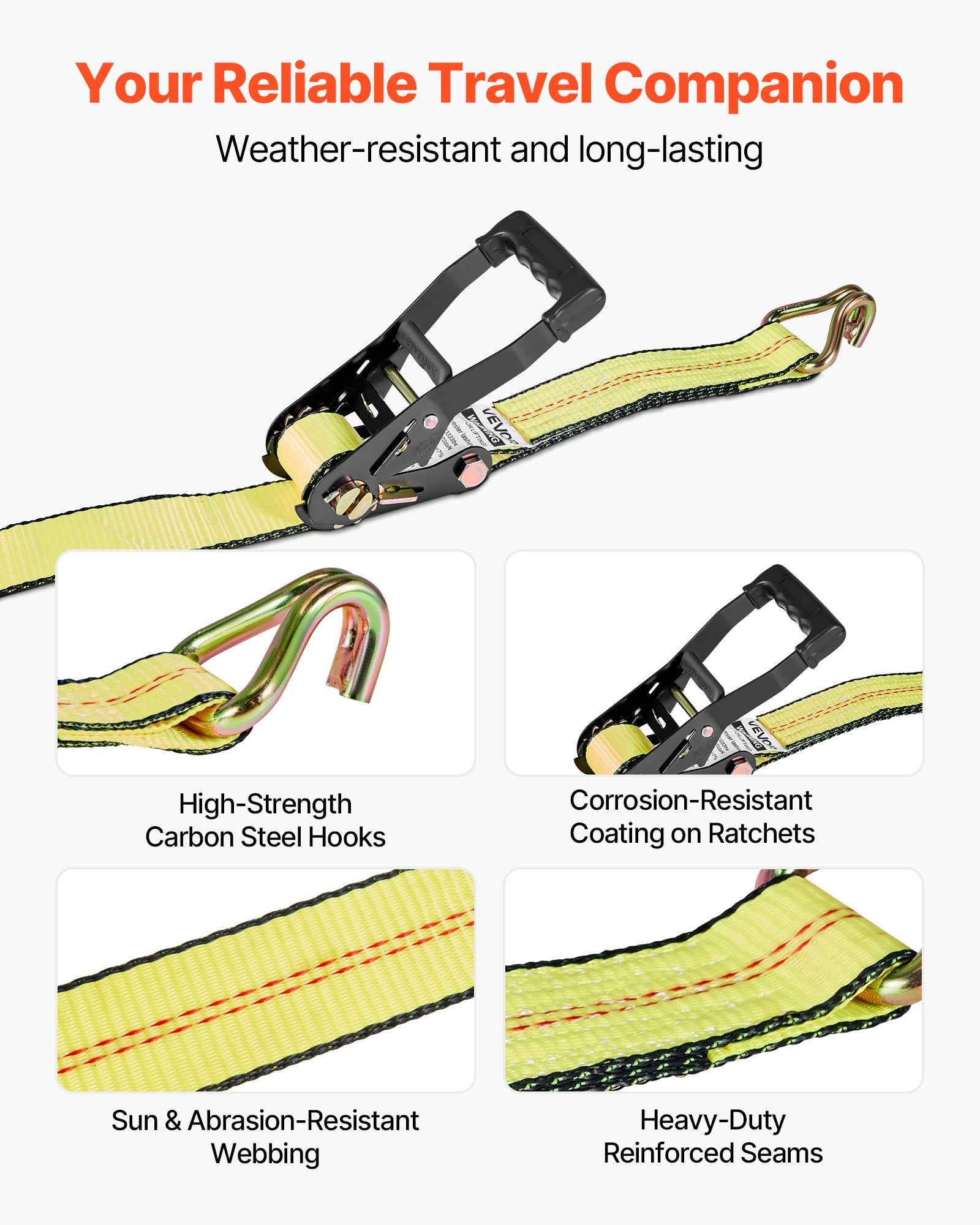 VEVOR Wheel Chock Tie-Down Kit, Deck-Style Trailer Tie Down Strap, Car Tie Down Kit with J-Hook, Break Strength 4540 kg & Working Load 1512 kg Motorcycle Tie-Down System for SUVs, Trailers, Trucks