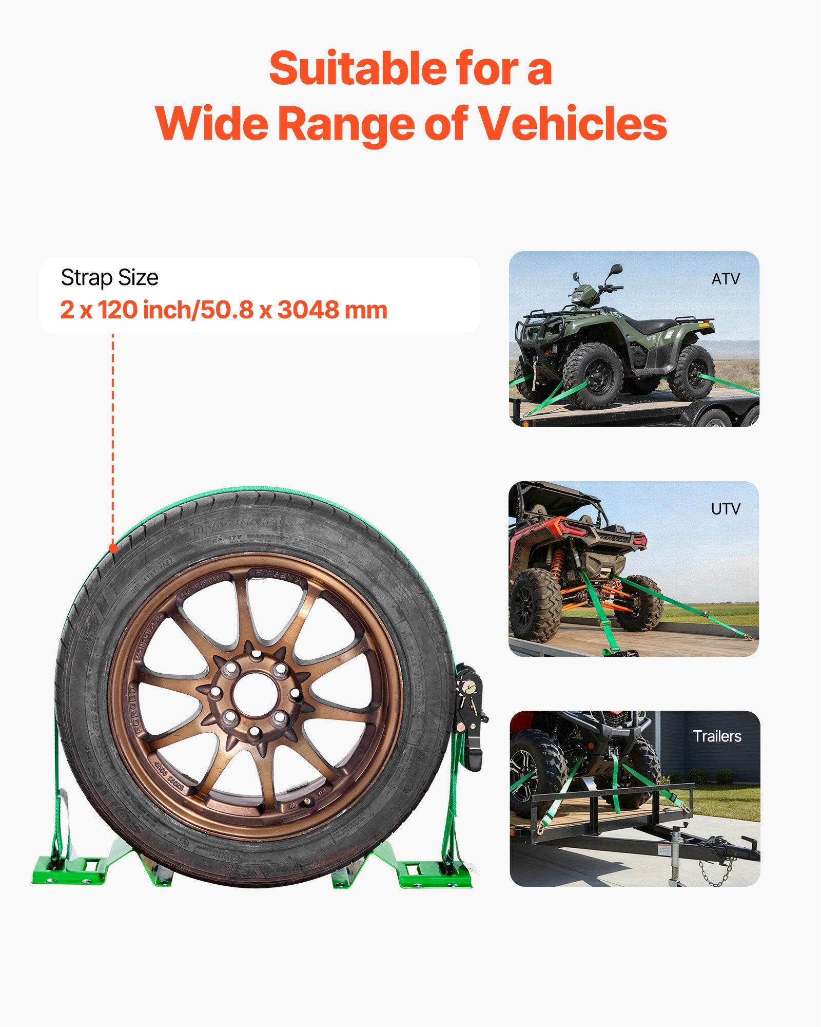VEVOR Wheel Chock Tie-Down Kit, Chock-Style Trailer Tie Down Strap, Car Tie Down Kit with Buckle, Break Strength 1986.73 kg & Working Load 662 kg Motorcycle Tie-Down System for ATVs, UTVs & Trailers
