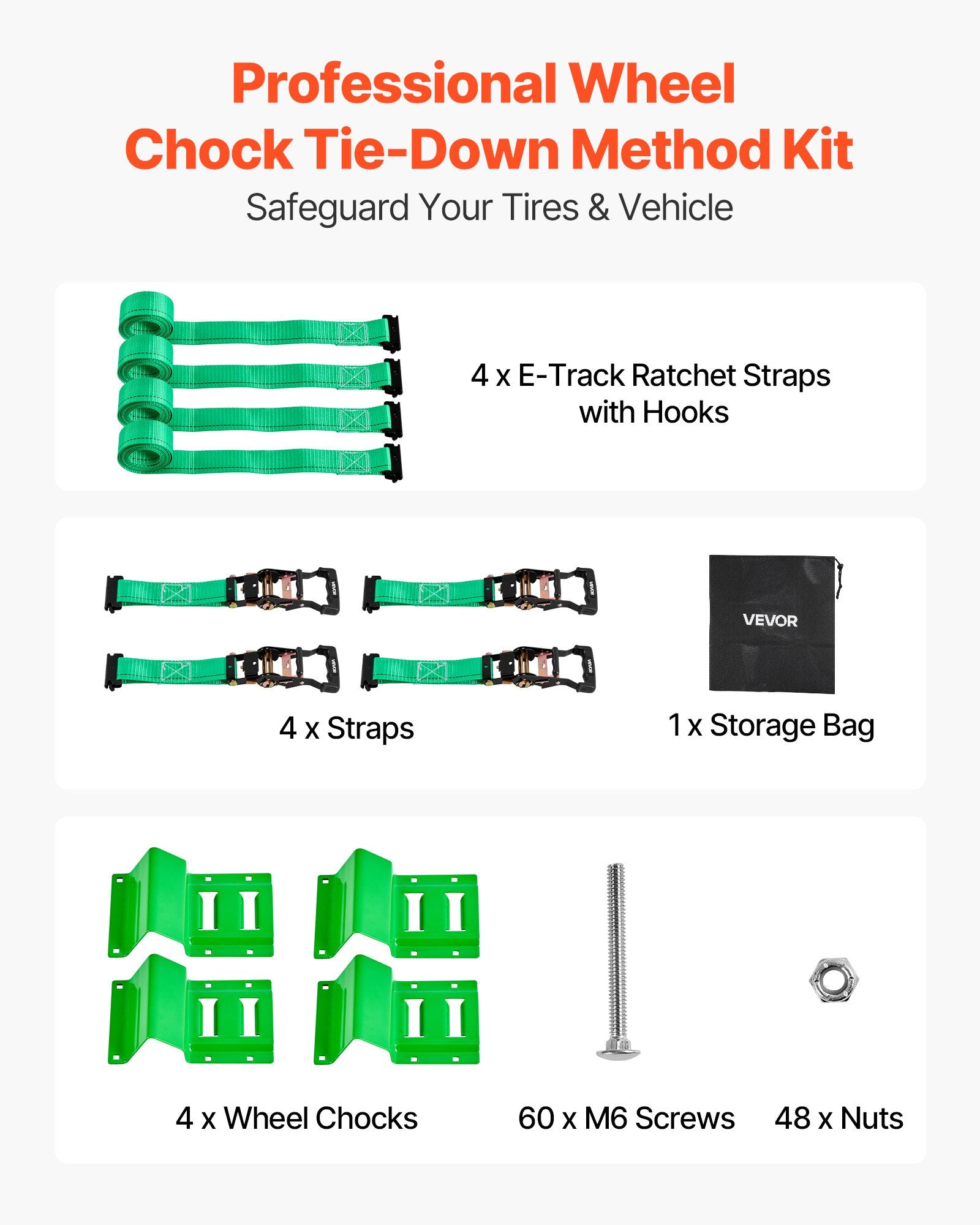 VEVOR Wheel Chock Tie-Down Kit, Chock-Style Trailer Tie Down Strap, Car Tie Down Kit with Buckle, Break Strength 1986.73 kg & Working Load 662 kg Motorcycle Tie-Down System E-Hooks for ATVs, UTVs