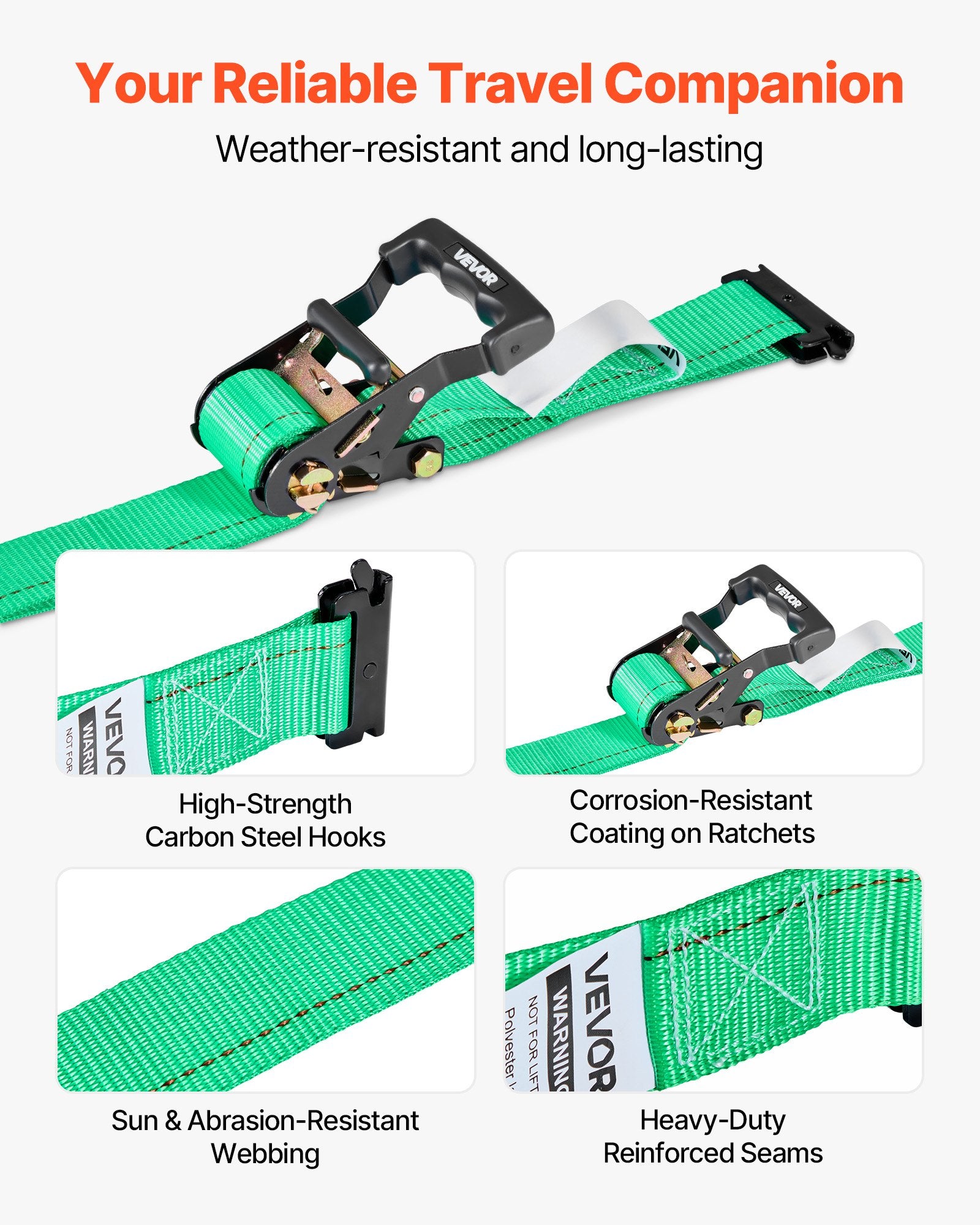 VEVOR Wheel Chock Tie-Down Kit, Chock-Style Trailer Tie Down Strap, Car Tie Down Kit with Buckle, Break Strength 1986.73 kg & Working Load 662 kg Motorcycle Tie-Down System E-Hooks for ATVs, UTVs