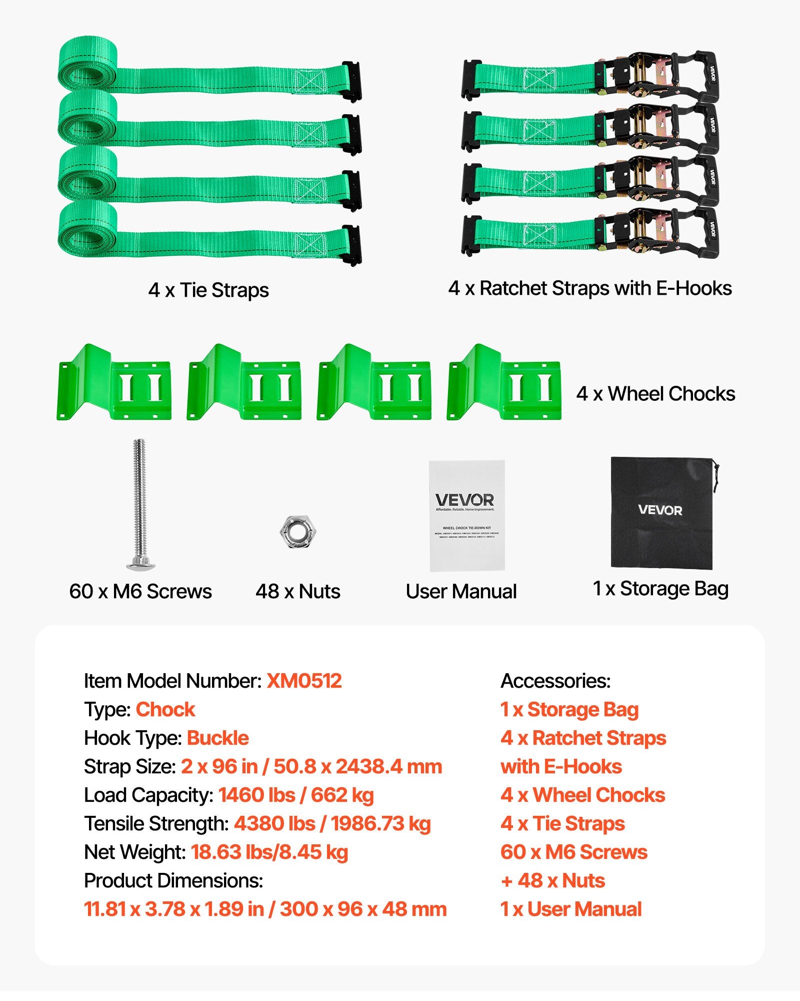 VEVOR Wheel Chock Tie-Down Kit, Chock-Style Trailer Tie Down Strap, Car Tie Down Kit with Buckle, Break Strength 1986.73 kg & Working Load 662 kg Motorcycle Tie-Down System E-Hooks for ATVs, UTVs