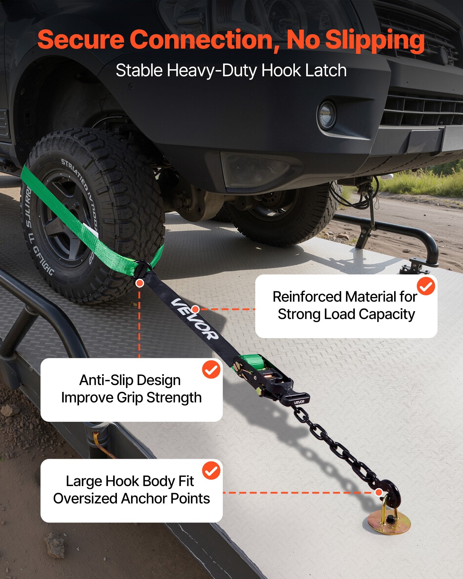 VEVOR Wheel Chock Tie-Down Kit, Tire-Style Tow Dolly Strap, Car Tie Down Kit with Heavy-Duty Hook, Break Strength 4540 kg & Working Load 1512 kg Motorcycle Tie-Down System with O-Ring for ATV, SUV
